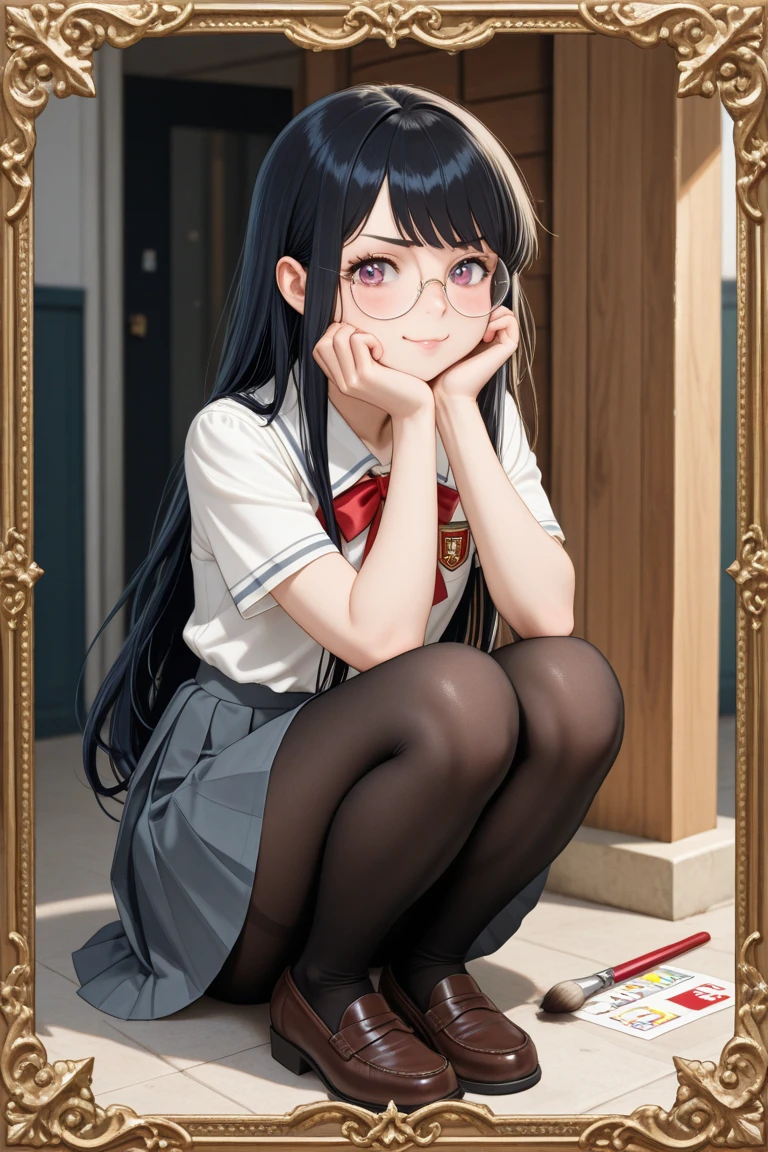 an 18 year old Japanese girl who stands at a height of 175 cm. She has pretty and elegant features, befitting that of royalty. She has long, straight black hair which she keeps tied in a ponytail with a ribbon, leaving the bangs and sides to frame her face. She wears red square-rim glasses. Her eyes are crimson red. She's wearing a medium-length black cotton plaid skirt, a white uniform shirt and a pair of black leggings. She wears black sports sneakers. She's wearing a black choker. She has a slim build, with small arms, a slim waist, slender and shapely legs and a small, cute ass. Her perky breasts sit at a comfortable C-cup. She also has the gills of an axolotl adorning each side of her face, and a 4 foot long axolotl tail. She is sitting on a couch in a modern indoors environment with her hands in her lap, looking neutrally at the camera.