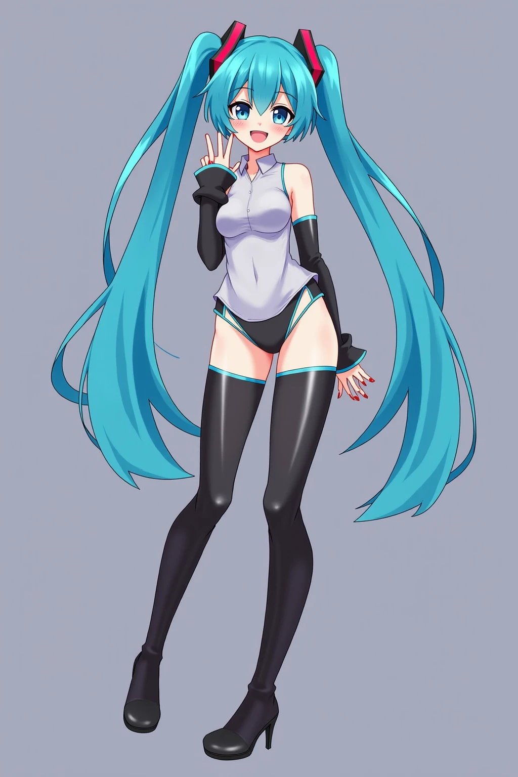 hatsune miku, 1girl, solo, long hair, breasts, looking at viewer, smile, simple background, thighhighs, white background, twintails, standing, swimsuit, full body, small breasts, boots, aqua eyes, hand on hip, one-piece swimsuit, aqua hair, skindentation, thigh boots, highleg, competition swimsuit, highleg swimsuitclosed eyes, tears in eyes, open mouth, saliva residue, wet skirt hem, sticky panties, bulging vibrator cord, vibrator with garters, visible pussy, visible vaginal opening, visible vagina, visible vulva
