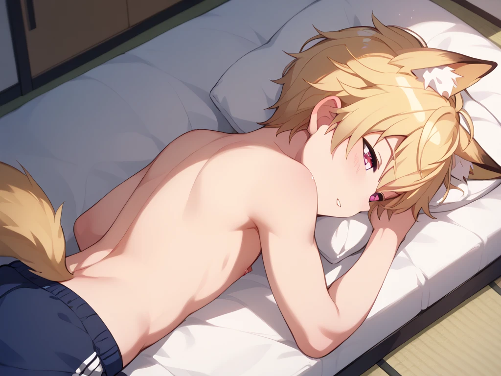 Highest quality, movie quality, two children of a gay couple, a  licking nipples in the bedroom, a  boy (10 years old, blonde and red hair, slender, upper body is naked, lower body is a jog strap, sweat and breath), the background is a night bed