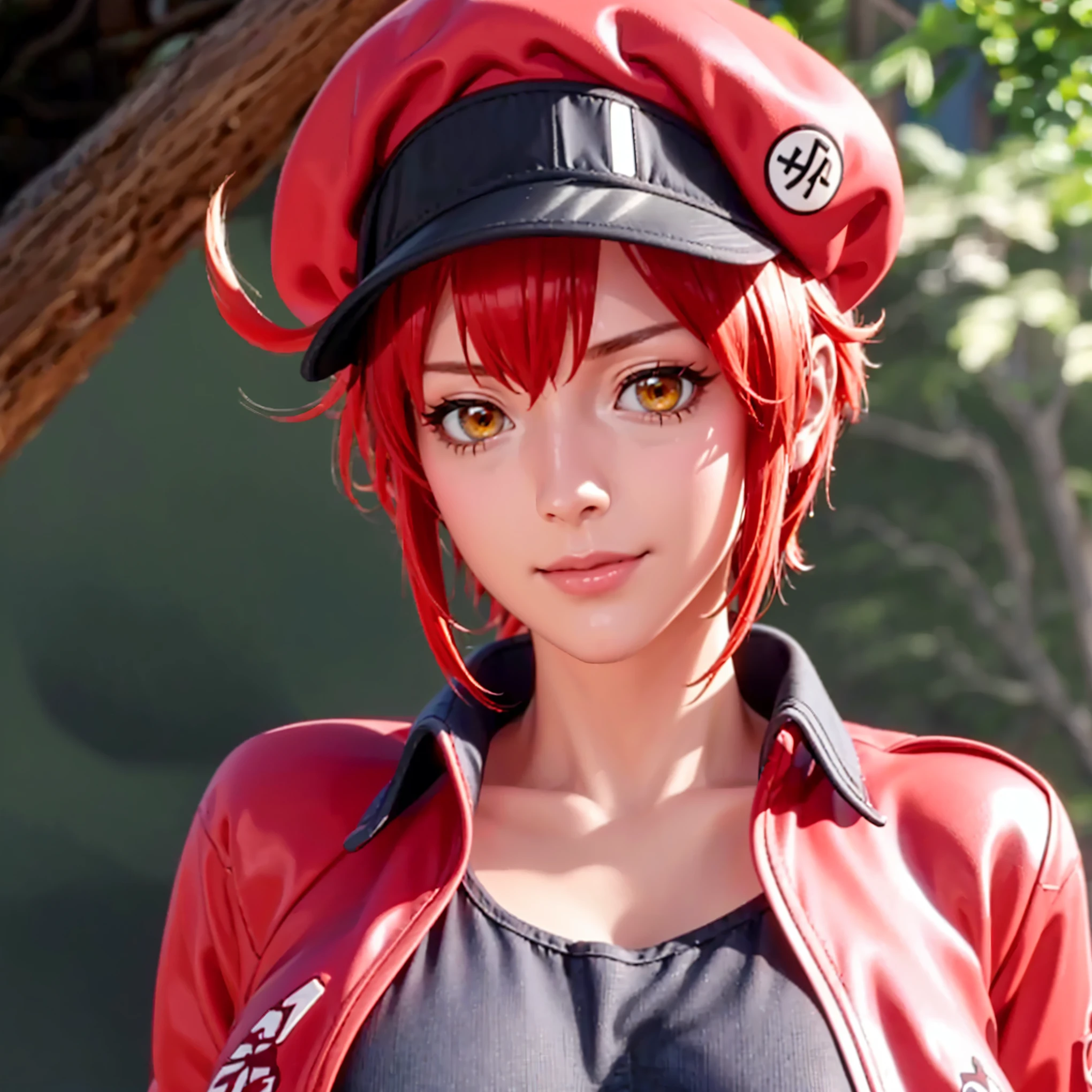 highres,best quality at best,masterpiece,quality,best quality,delicate facial features,look at the audience,there is light in the eyes,(masterpiece),(best quality),masterwork,semrealistic,realistic,mature female,wide hips,fair_skin,shiny_skin,tall,slender,(big breasts:1.1),red hair,hat,short hair,yellow eyes,ahoge,red headwear,red jacket,black shirt,denim shorts,white gloves,red belt,cropped jacket,(masterpiece),(best quality),masterwork,semrealistic,realistic,mature female,wide hips,fair_skin,shiny_skin,(3d render:1.2),red blood cell \(hataraku saibou\),short red broken hair,the right side of the hair,bright orange eyes,special work clothes,red short jacket,black inside,blue denim shorts,red thin belt,kind_smile,bullying,treehouse,