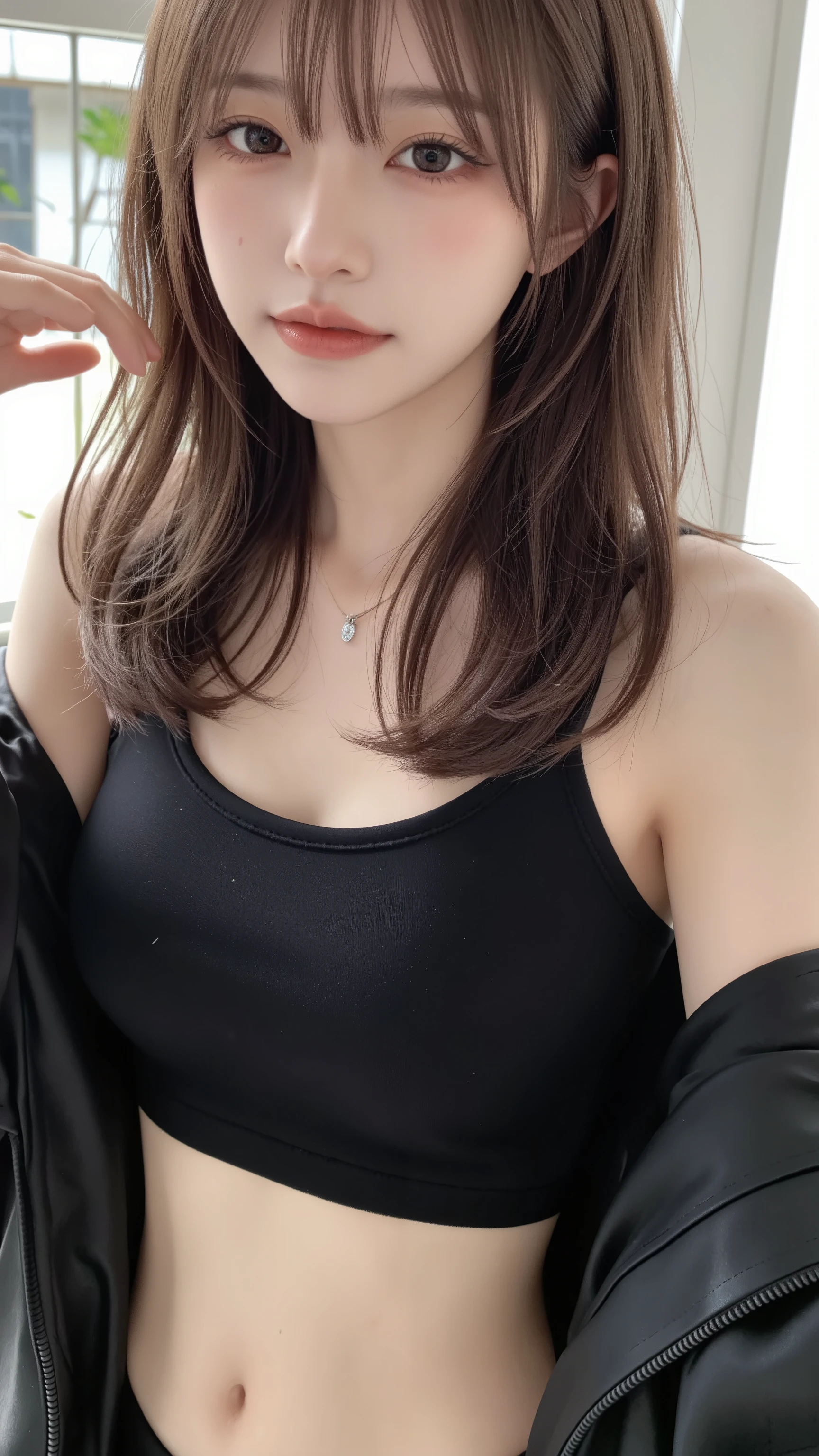 "Beautiful East Asian Girl Wearing a Short Black Jacket and Matching Mini Skirt, photorealistic style, Natural Volume and Layered Texture, Slightly Curled Ends, Full Bang Softly Covering the Forehead, fair and smooth skin , long oval face , Slim jawline, Delicate, Elongated Face Structure, Small features, Small Beauty Marks on the Left Cheek, Full body portrait of , Fashionable and Modern Look, She is standing gracefully, Soft Lighting , Shallow depth of field, shot with SLR camera, 85mm Lens , Natural background, High Quality, 8k resolution"
