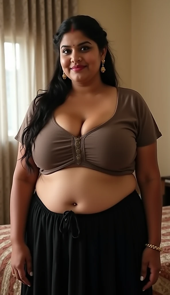 Very beautiful indian young girl, 18 years old, cute face, lustful looks, romantic lovely expression, Long flowing black hair, whitish skin tone, natural skin with texture, eyer rings, gold necklace, makeup, huge breasts, big tites, curvy figure, curved hip, big wide chubby navel, fat curved thighs, Naked body, lying and doing first fucking, crying as the big cock entered her cunt, painful joy, facing me top view