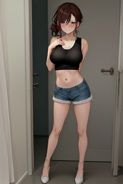Cartoon of a woman in a bikini top and shorts with a purse, of frontline girls, front line style girls, fine details. front line girls, thigh focus, seductive anime girl, revealing outfit, moody scene noire, ecchi anime style, cell shaded adult animation, SFW Version, (sfw) safe for work, Varied positions, big breasts, black hair