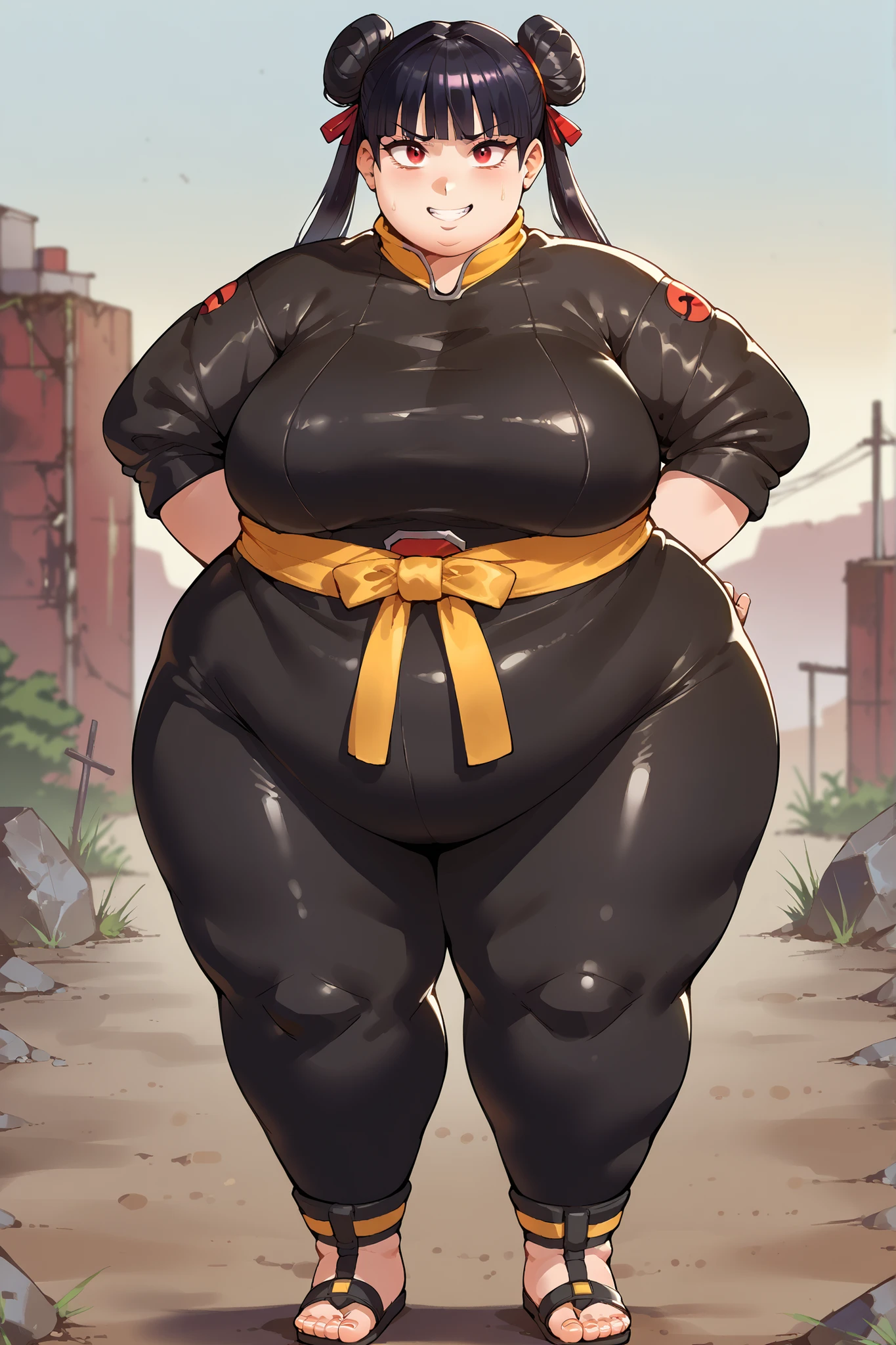 score_9, score_8_up, score_7_up, score_6_up, score_5_up, score_4_up, BREAK, source_anime,
1girl, black hair, blunt bangs, double bun, long hair, red eyes, twin tails, breasts
 bodysuit, ninja, sandals, SSBBW, fat, 500 lbs.,
hands behind back, smile, full body, looking at viewer, solo, outdoors, wasteland   