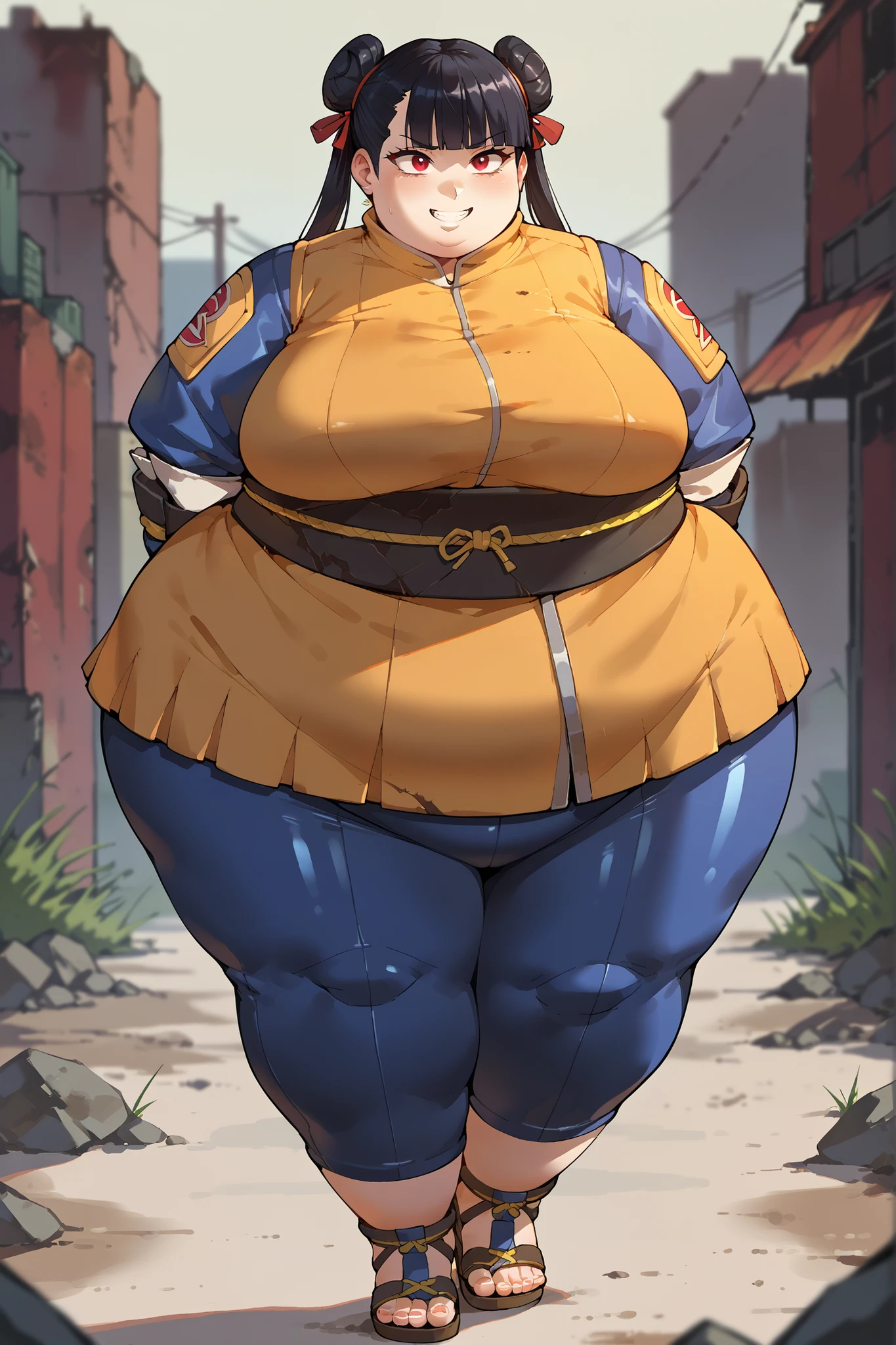 score_9, score_8_up, score_7_up, score_6_up, score_5_up, score_4_up, BREAK, source_anime,
1girl, black hair, blunt bangs, double bun, long hair, red eyes, twin tails, breasts
bodysuit, ninja, sandals, SSBBW, fat, 500 lbs.,
hands behind back, smile, full body, looking at viewer, solo, outdoors, wasteland
