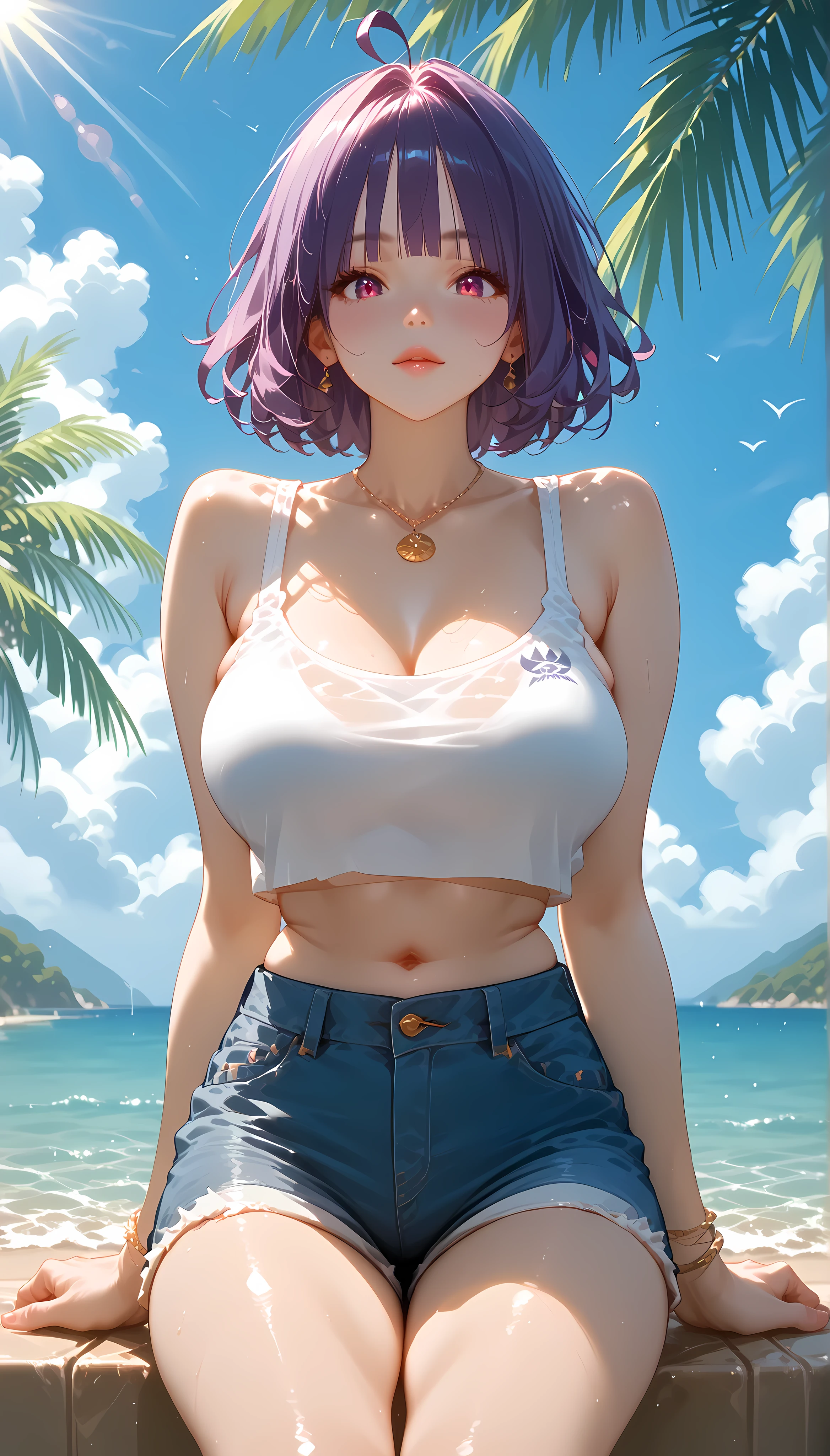 "A girl with a nice body and nice breasts sits in an open-air café by the beach, her purple hair glowing under the golden sunlight. Her perfect eyes gaze out at the ocean as she sips a tropical smoothie, dressed in a light tank top and denim shorts. The cinematic view captures the sparkling waves, swaying palm trees, and her serene demeanor, creating a perfect coastal escape."