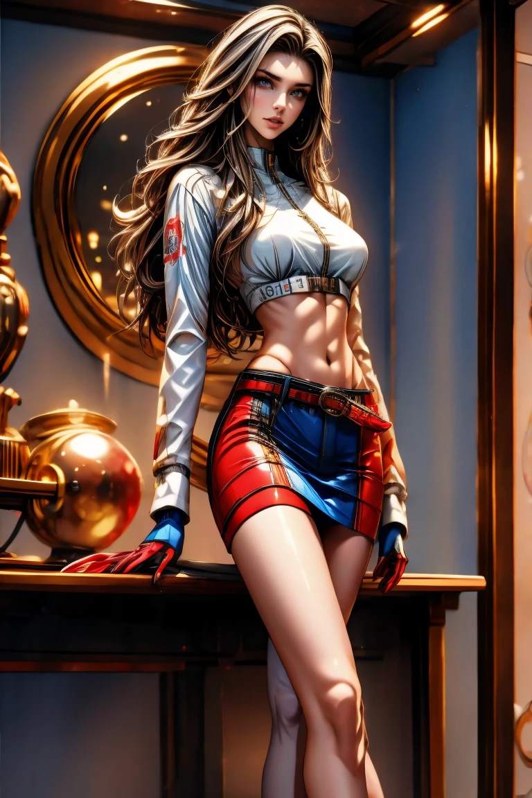 (((mulher))), (((melhor qualidade))), (((obra prima))), (((adulto))), (((1girl))), ((( corte de cabelo bob ))), Uma gladiadora cyberpunk mulher de 25 anos com corpo perfeito, shoulder pads with metal spines, Gladiadores do Brooklyn, (( corte de cabelo bob )), tiny leather panties, camiseta de time de rugby rasgada, quase nua no estilo selvagem urbano de Simon Bisley para a capa da revista Heavy Metal, Cabelo loiro curto, Minimum clothing, Metal protection on the left arm with intricate graphics, Dark red with white stars and white and navy blue checkerboard pattern, armadura, cheio de pontas e rebites, (((do joelho pra cima))), cabelos loiro branco curto, no fundo uma parede pintada por Shepard Fairey com um design intrincado