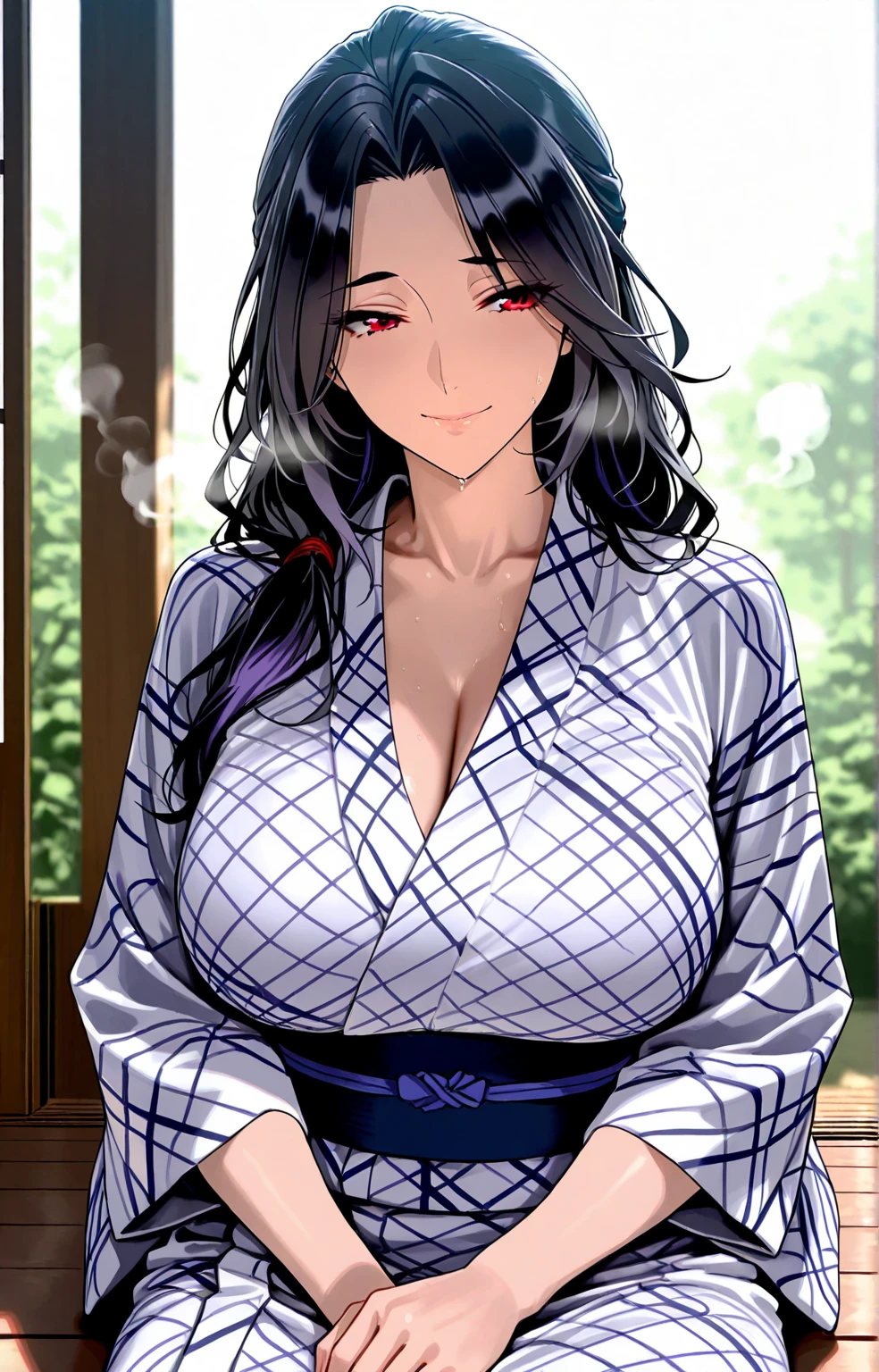 (large breasts:1.5),(shiny hair),((solo)),((masterpiece)),((best quality)),perfect ???????,slim waist,perfect image,8k UHD,(beautiful detailed eyes:1.5),extremely detailed face,standing,(upper body:1.2),(look at the front:1.5),arms behindback,ultra-detailed,absurdres,highres,indoor room,(gray hair),(forehead:1.1),semi-long hair,kimono,(Purple kimono:1.2),((sensitive smile)),sexy mature women,30 yeals-old,mature female,