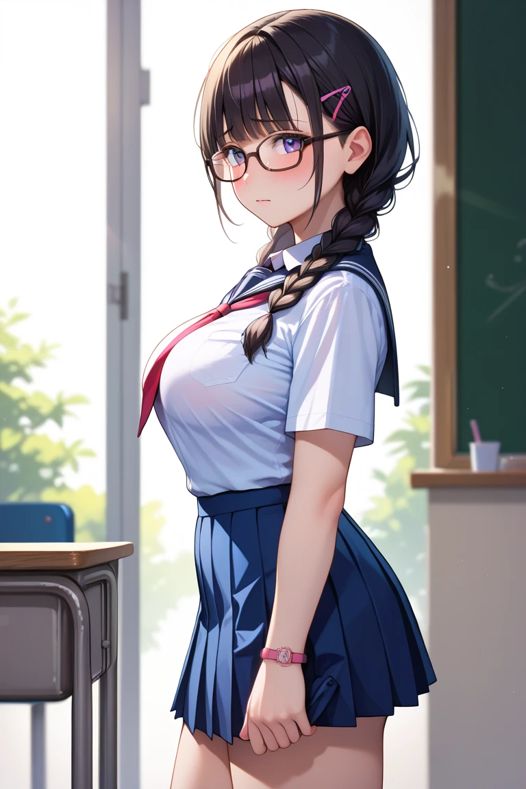 NSFW, (((photographrealistic))), (Shiny skin), (nffsw, in 8K,Wallpaper, High resolution), Perfect Anatomy, Cinematic lighting, Physically-based rendering, Award-winning, highlydetailed skin, extra detailed face, Eyes with beautiful details, Carl Zeiss 85mm F/1.4, (1 man and 1 girl, a couple:1.5), Cute 16 year old Japan schoolgirl, sitting in the chair, (Black hair, Brown eyes, Round face), middlebreasts, Wet school blouse with ribbon, Navy Pleated Skirt Lift, Navy High Socks,Spread legs, Thigh Focus, In the classroom, Blue Hour, (One man is a student, A student is hugging a girl from behind:1.5), student clothes, (Student touching girl's panties:1.5), [Full body shot], Shot from below,Braids、eye glasses、showing off breasts