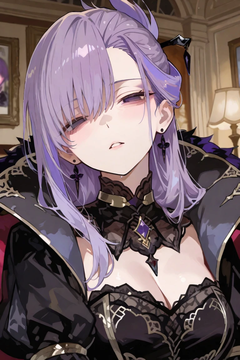 a woman wearing a black military dress with gold details, golden shoulder pads, long black cape, long gray hair, black military hat with gold details, purple eyes, walking in a luxurious room with white walls, golden pillars, medieval paintings.k, HDR , ultra resolution, sharp, masterpiece, 8K HD (solo woaman)