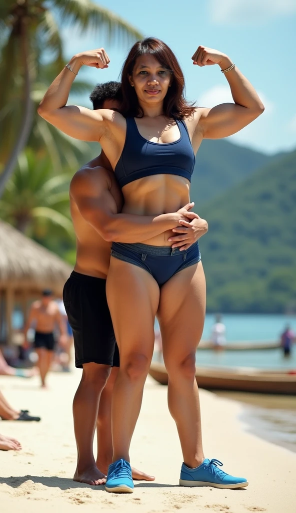 male and female body builder, underwear, bikini, muscle, anime, huge butt, sea, beach, 4k, superdetail,