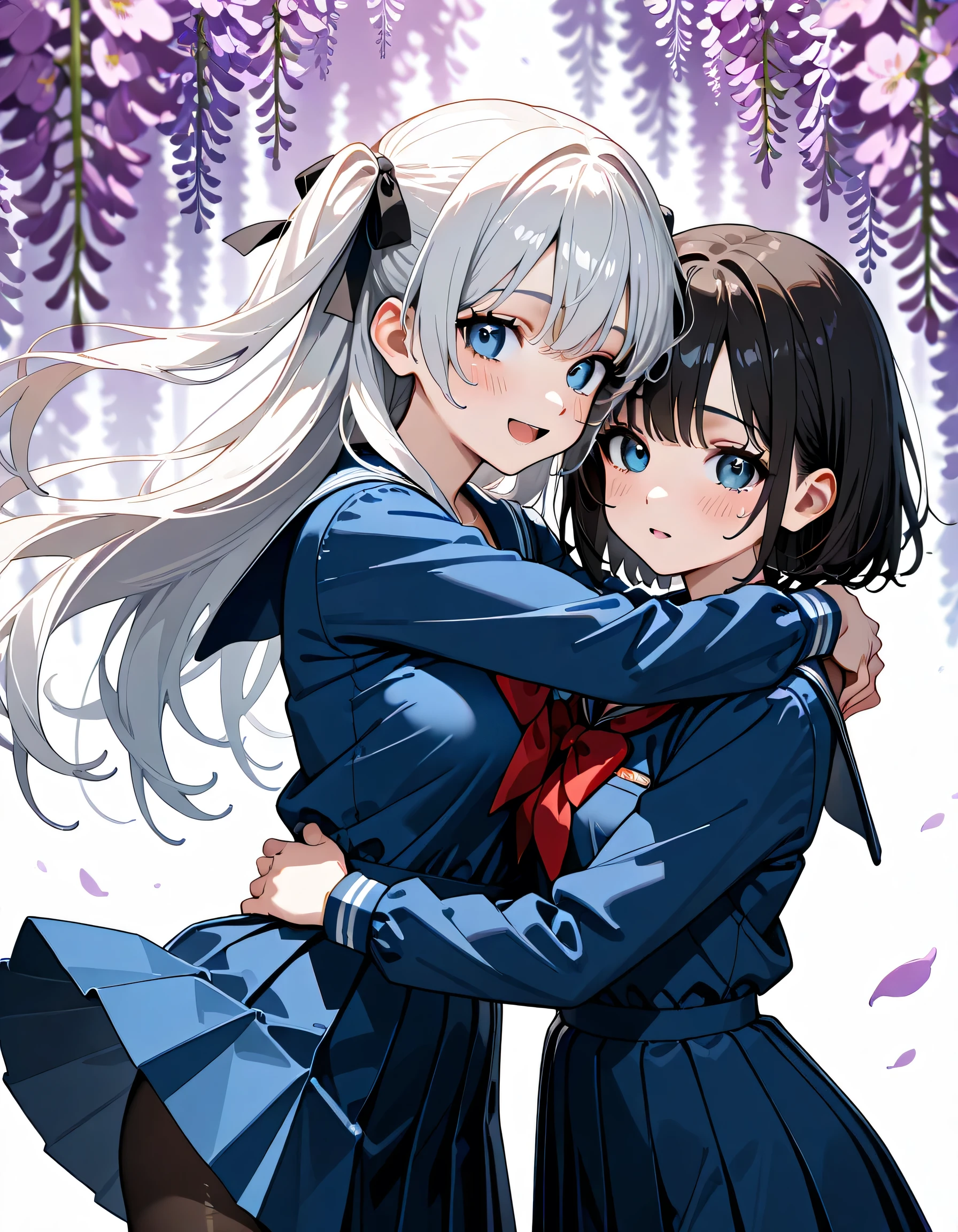 (score_9, score_8_up, score_7_up), source_Anime, absurd_res, white, blue, black, 2girls, duo, upper body, super fine illustration, an extremely delicate and beautiful, best quality, masterpiece, 8K, spring setting, wisteria flowers, gentle breeze, sunlight filtering through trees, BREAK
left girl is(long silver hair:1.3, two side-up:1.2, blue eyes:1.2, hair ribbon with black, ample breasts, school uniform, sailor suit, traditional Japanese style with navy blue and white colors, navy blue pleated skirt, black tights:1.2, ultra-beautiful girl), BREAK
right girl is(long black hair:1.3, half updo:1.3, brown eyes:1.2, wearing glasses:1.3, round eyewear:1.3, round_glasses22A:1.3, hair ribbon with light blue, ample breasts, school uniform, sailor suit, traditional Japanese style with navy blue and white colors, navy blue pleated skirt, black tights:1.2, ultra-beautiful girl), BREAK
fluttering hair, blushing faces, surprised expression, embarrassed reaction, skirts lifting from sudden wind, mutual hug:1.3, dynamic pose, soft fabric movement, fluttering petals, warm and bright atmosphere, soft lighting, delicate color palette, detailed clothing folds, flowing hair, lively spring vibe, highly detailed rendering, breathtaking composition,
