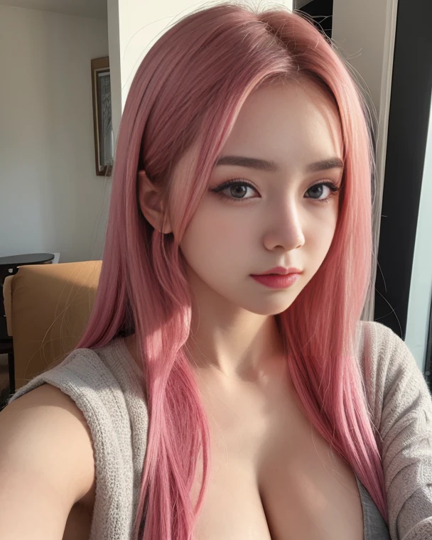 a close up of a woman with pink hair wearing a white dress, with pink hair, smooth pink skin, pink straight hair, long flowing pink hair, long pink hair, korean girl, 18 years old, belle delphine, flowing pink hair, pink girl, beautiful south korean woman, jossi of blackpink, long bubblegum hair, 1 8 yo , blackpink jennie , blackpink Lisa , asian famale face , cute girl , Korean famale