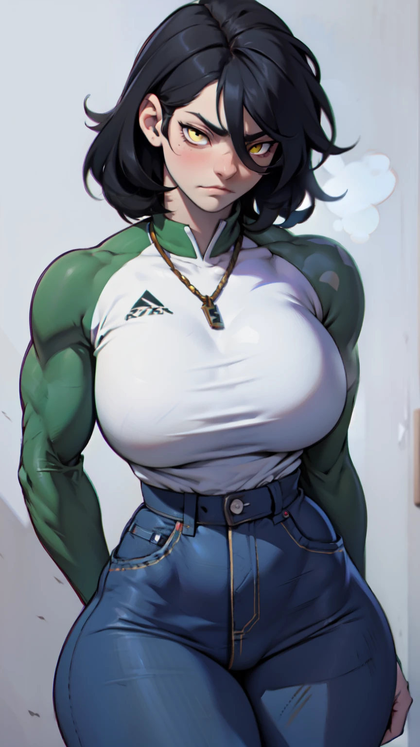 (masterpiece, best quality:1.2), lois lane (my adventures with superman), solo, 1girl, black hair, brown eyes, earrings, belt, shirt, short hair, jewelry, smile, hood, white shirt, pants, stud earrings, tomboy, coat, black pants, brown belt, striped, collarbone, green coat, breasts, large breasts, striped shirt, piercing, couch, looking at viewer, lying, open mouth, smile, on couch, on side, indoors, living room,(big muscular female bodybuilder),(oil painting,high-res),(sweating,flexing muscles,six-pack abs),(best quality,professional,vivid colors),(strong, powerful),(studio lighting,dramatic shadows),(realistic).
