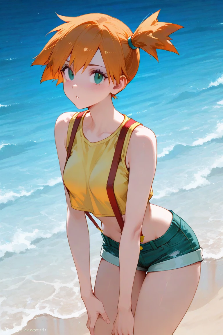 1girl, high res, highly detail, masterpiece, best quality, misty (pokemon), orange hair, solo, shorts, suspenders, side ponytail, orange hair, midriff, yellow crop top, navel, short hair, denim, denim shorts