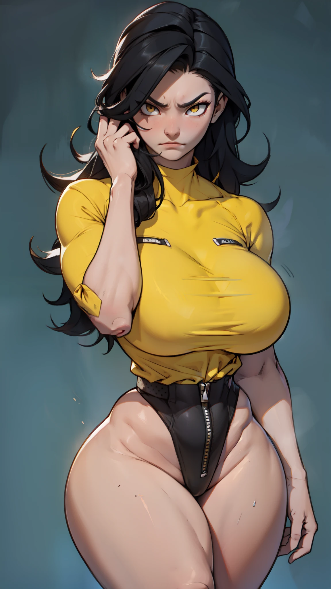 swole girl black hair yellow eyes pale skin disappointed anatomically correct breasts highest quality busty arafed