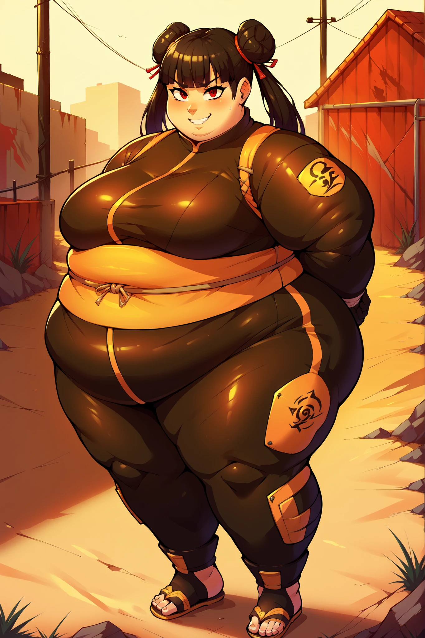 score_9, score_8_up, score_7_up, score_6_up, score_5_up, score_4_up, BREAK, source_anime,
1girl, black hair, blunt bangs, double bun, long hair, red eyes, twin tails, breasts
bodysuit, ninja, sandals, SSBBW, fat, 500 lbs.,
hands behind back, smile, full body, looking at viewer, solo, outdoors, wasteland