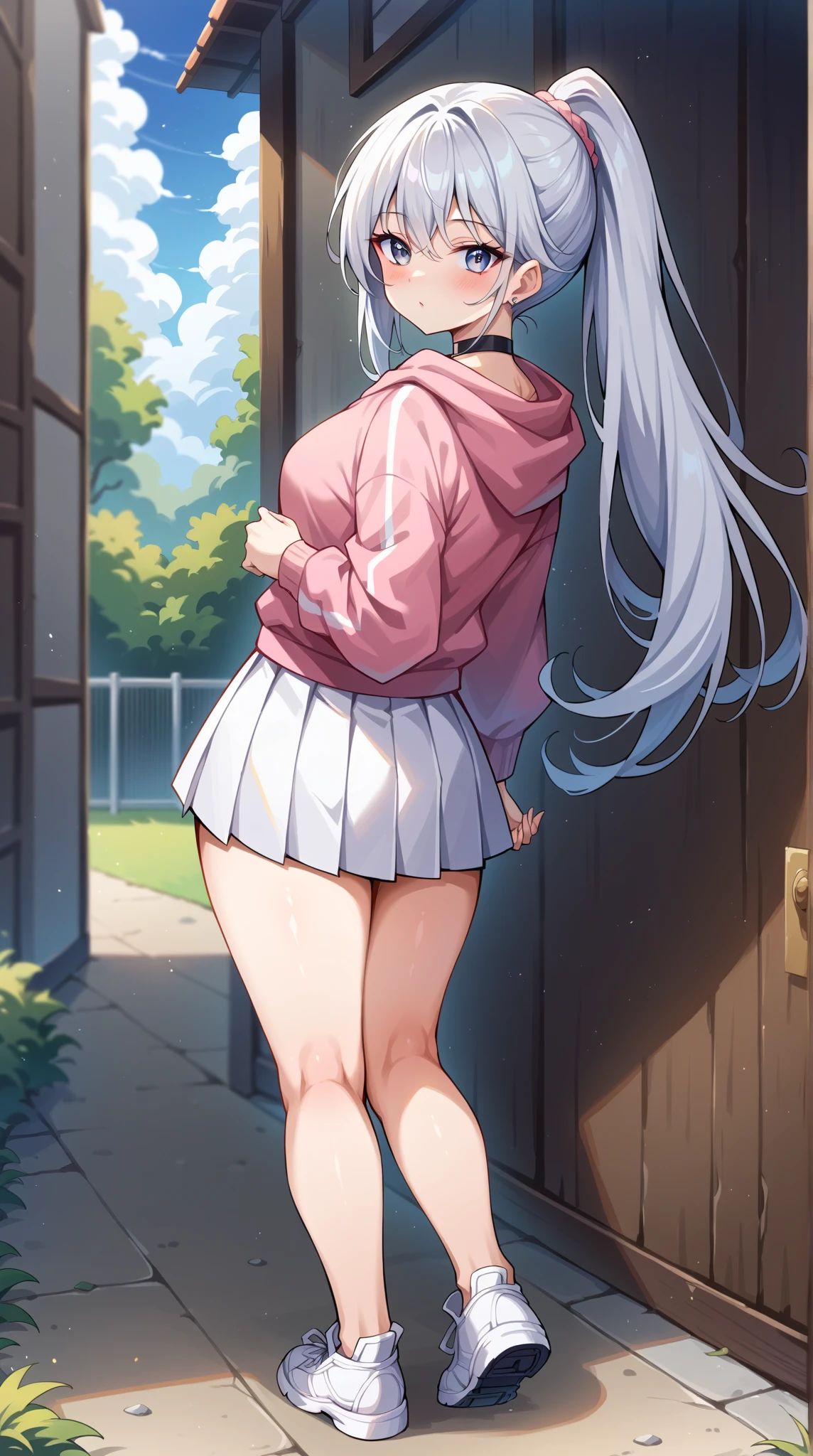 Long silver hair, green eyes, headband, necklace, small, smile, happy, sueter, hood, mini skirt, beautiful thighs, Inside the house, Randoseru, schoolbag, turn neck, point of view from the back