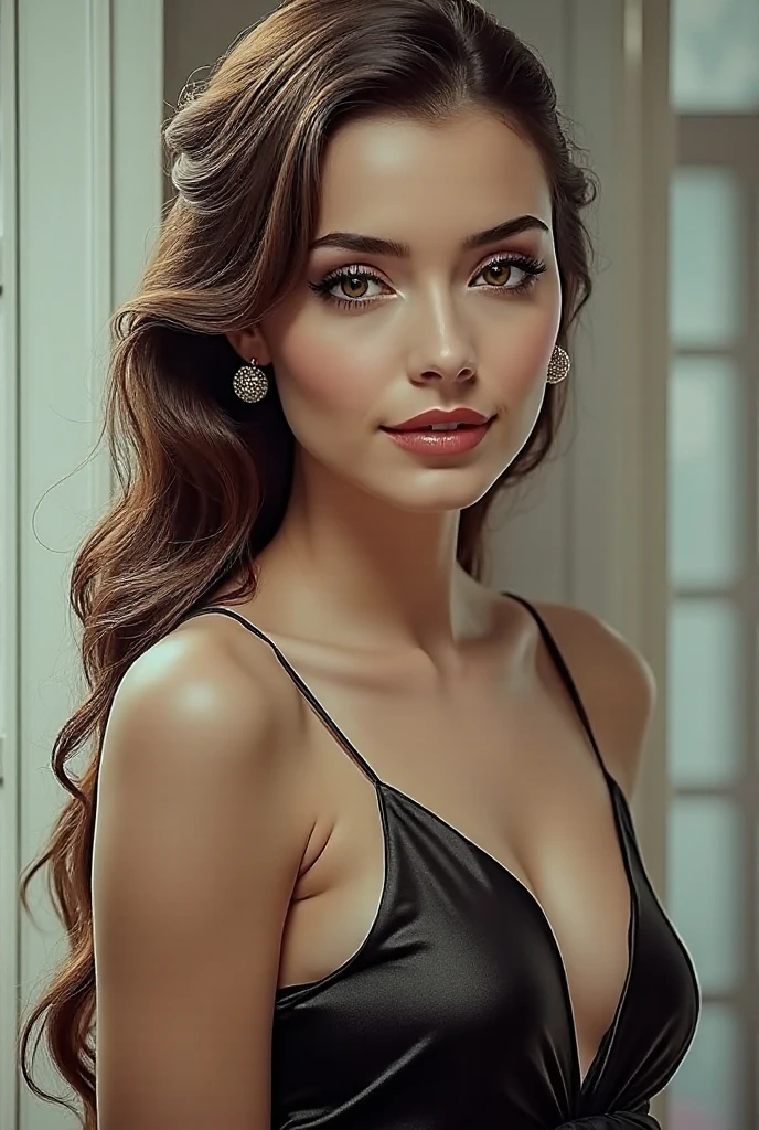 Radiant portrait of a beautiful 20-year-old woman, captivating eyes, voluminous curly hair, striking features, elegant posture, vibrant red lipstick, flawless complexion, natural makeup, stylish attire, confident expression, subtle smile, soft shadows, warm and inviting lighting, high-resolution digital painting, realistic style with a touch of glamour, by renowned artist on Behance, rich color palette of deep reds, soft pinks, and warm neutrals.