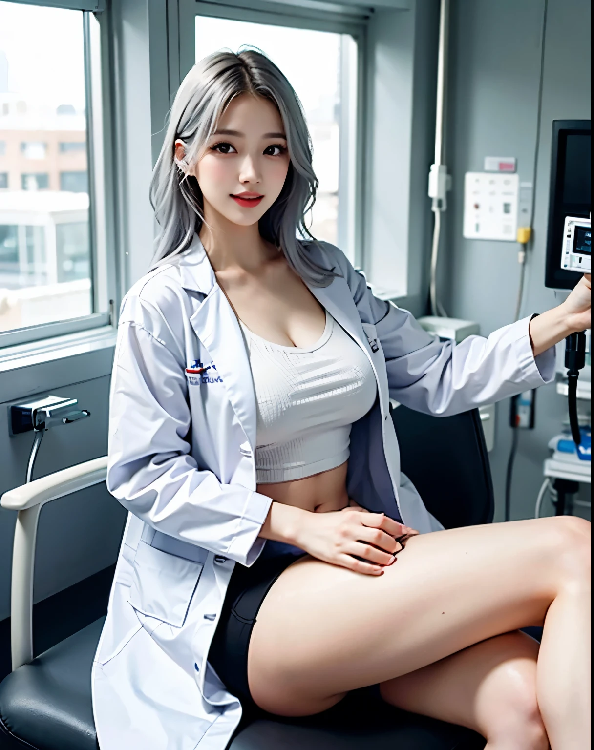 Female doctor in white coat、1Man Woman、(Smile Face:1.1)、Slim Face、The most beautiful women in the world、hyperdetailed face、Detailed eye、double eyelid、Kamimei、perfect teeth、Perfect tooth alignment、(glistning skin)、(sun-kissed skin)、(real looking skin)、Blurred background、full body Esbian、frontage、Slim Face、Brightly colored clothing、Sit in a chair in the exam room、Wear a stethoscope、From above、a miniskirt、beautiful hairl、I can see the cleavage、Full Body Pose、(pureerosface_v1:0.8)、a small face、ssmile、A sexy、hide one's hands