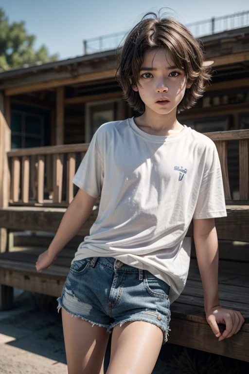 best qualityer, ultra high resolution, 1 young boy, Red hair, greeneyes, short and thin body, pobres, wearing a white shirt and shorts, ((shy expression)), strawberry plantation