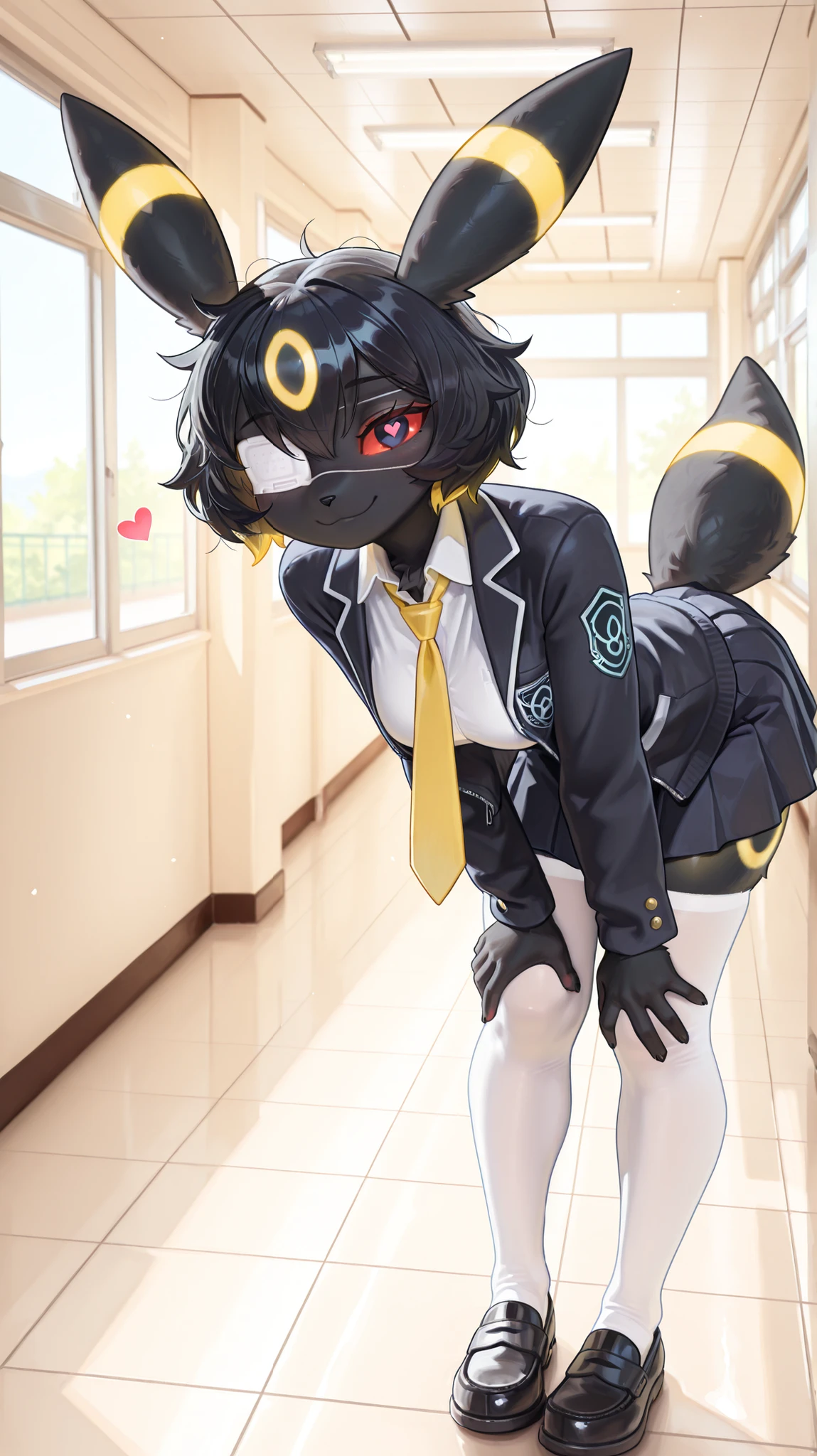 masterpiece, best quality, amazing quality, very aesthetic, high resolution, ultra-detailed, absurdres, newest, scenery, no lineart, cinematic, dynamic angle, solo, ambient lighting, 1girl, anthro, furry, fur, fluffy fur, umbreon girl, black hair (yellow highlights), short hair, messy hair, 19-year-old girl, black eyes, red sclera, hips, medium breasts, thighs, (school hallway), detailed, heart-shaped pupils, smile, medical eyepatch, looking at viewer, black school uniform, collared shirt, yellow necktie, jacket, open jacket, long sleeves, pleated skirt, loafers, socks, bent over, hands on knees, (v), white stockings