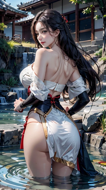 (extremely detailed, realistic, perfect lighting, vibrant colors,intricate details,absurdres),(high detailed skin:1.3), full body image, ((1girl)), naked bandage, pyramid,  front view, black hair in 1 three strand braid, dark blue eyes, shy smile, lay over table, from back, mummy costume