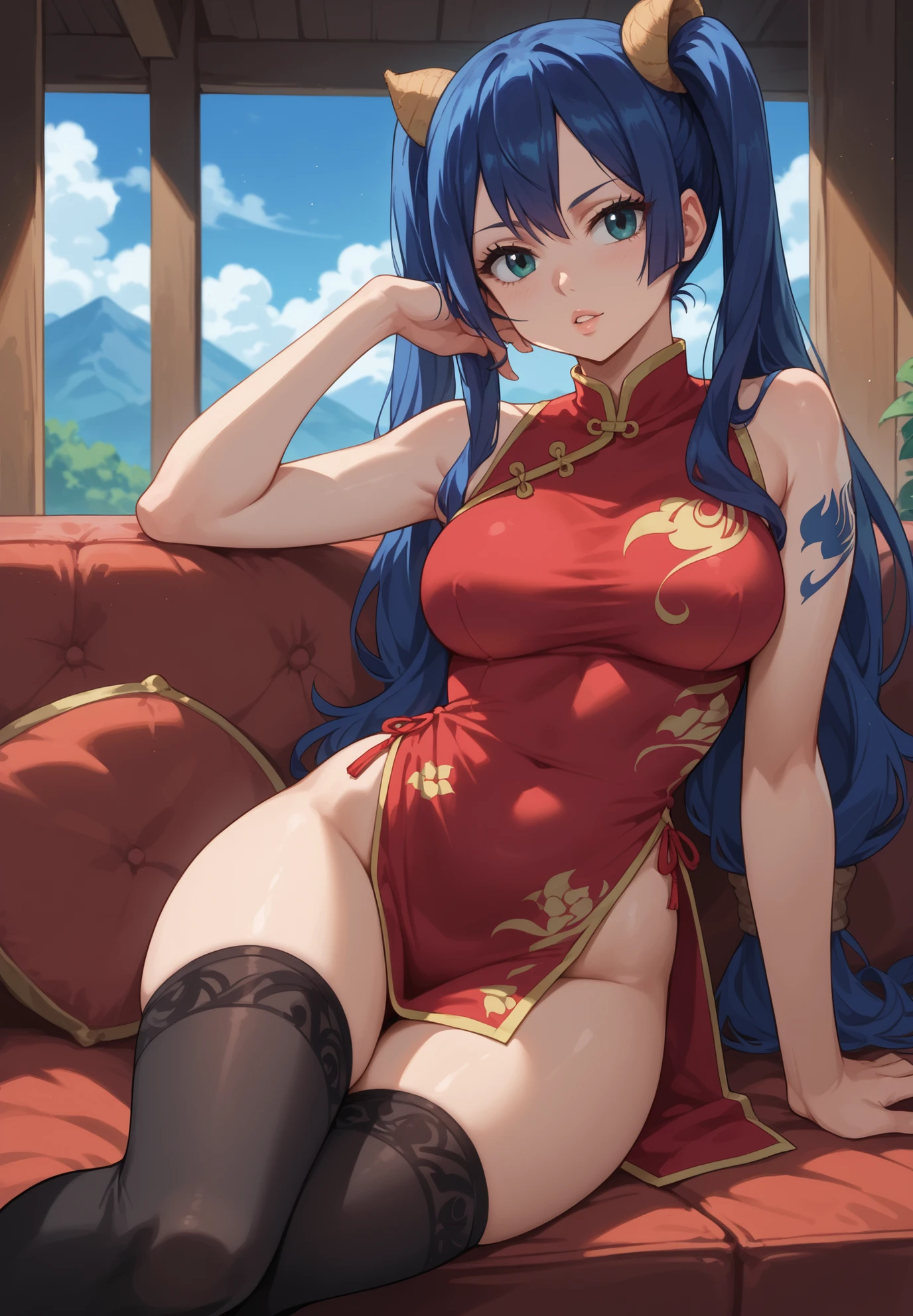((masterpiece)), ((best quality)), ((illustration)), ((anime coloring)), ((8k)), nsfw, blue detailed sheer chinese clothes, (pointy breasts), narrow waist, cute, a anime 20s female, ((dark skin:1.3)), red hair, green tale, ponytail, smile, big chiseled buttocks, pov, ((front view)), bedroom, night,