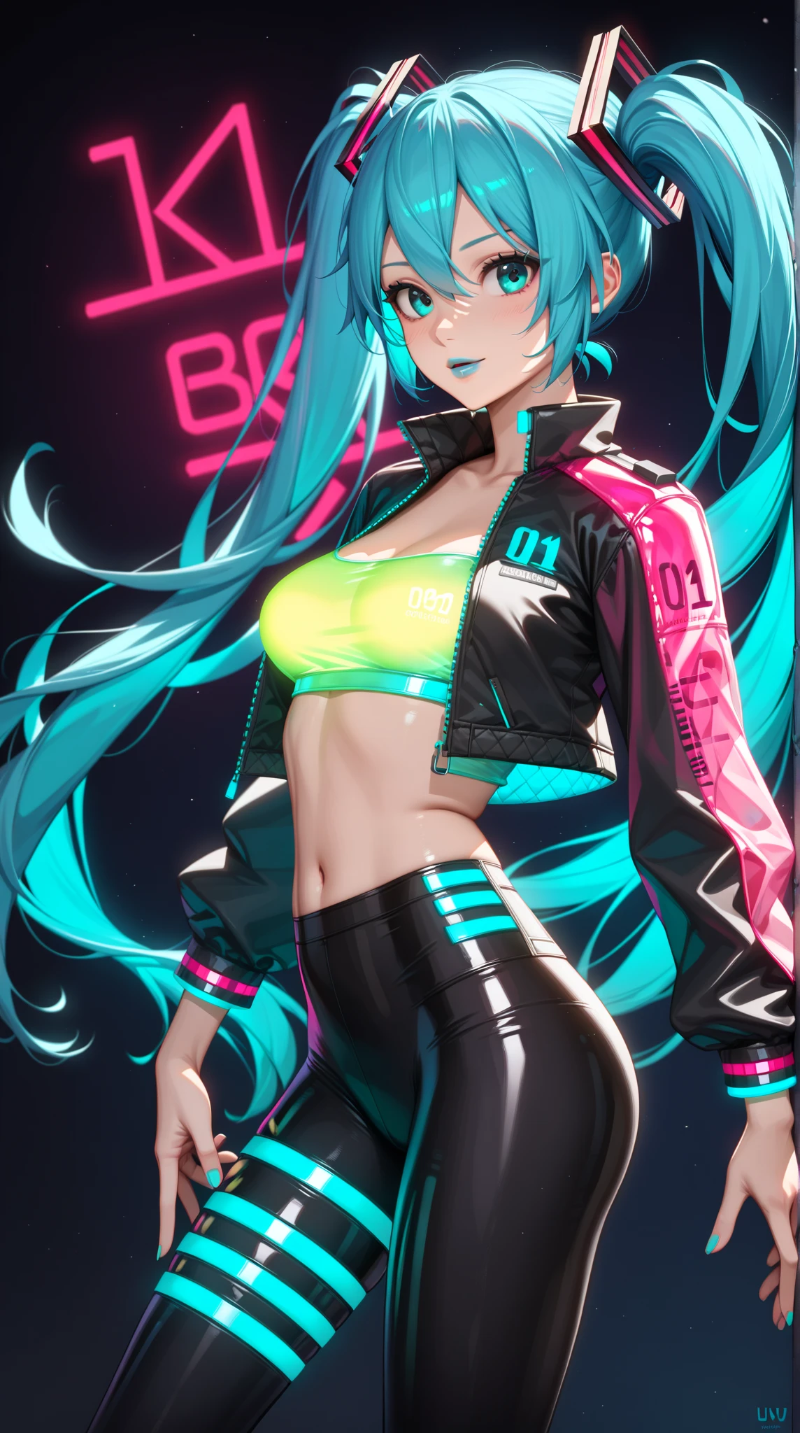 sporty girl with Asian features,(1girl:1.3),((anime girl with dark hair and turquoise highlights, extremely cute and beautiful walking seductively down the street)),
(large breasts:1.4),saggy breasts,(((Black hair with turquoise streaks:1.35, straight hair, long hair:1.4, colored inner hair,ear breathing))),((heterochromia, eye1 blue, eye2 turquoise, perfect eyes, upturned eyes:1.3, beautiful detailed eyes, finely detailed beautiful eyes:1, big highlight on eyes:1.2, slanted eyes)), (fat:1.2),(((lustrous skin:1.5,bright skin: 1.5,skin tanned,shiny skin,very shiny skin,shiny body,plastic glitter skin,exaggerated shiny skin))),(spider lower abdomen,narrow waist,wide hip,athletic body,inflated legs,delicate detailed fingers,detailed body,detailed arms,human hands, detailed hands),
cute,slutty,seductive,erotic,nsfw,
zettai ryouiki,revealing clothing,show skin,((((underboob)))),(((small magenta sports bra, sport thong,visible thong straps))),(wearing a sport outfit:1.3,sport clothes,semi-naked,with little clothing,),(detailed outfit,detailed clothes),
(dynamic pose:1.0), embarrassed, centered, scale to fit dimensions, Rule of thirds,
outdoors, ((night view)), (cyberpunk night street Background: 1.5,dark sky,alleyway,lonely alley,thick clouds, detailed background:1.25),
(best quality), (high resolution), (sharp focus), (ultra detailed), (extremely detailed), (extremely high quality artwork), 8k_wallpaper, (extremely detailed CG 8k),(very fine 8K CG), ((hyper super ultra detailed perfect piece)), flawless, (((masterpiece))), illustration, vibrant colors, (intricate), High contrast, Selective lighting, Double exposure, HDR (High Dynamic Range), Post-processing, Background blur,