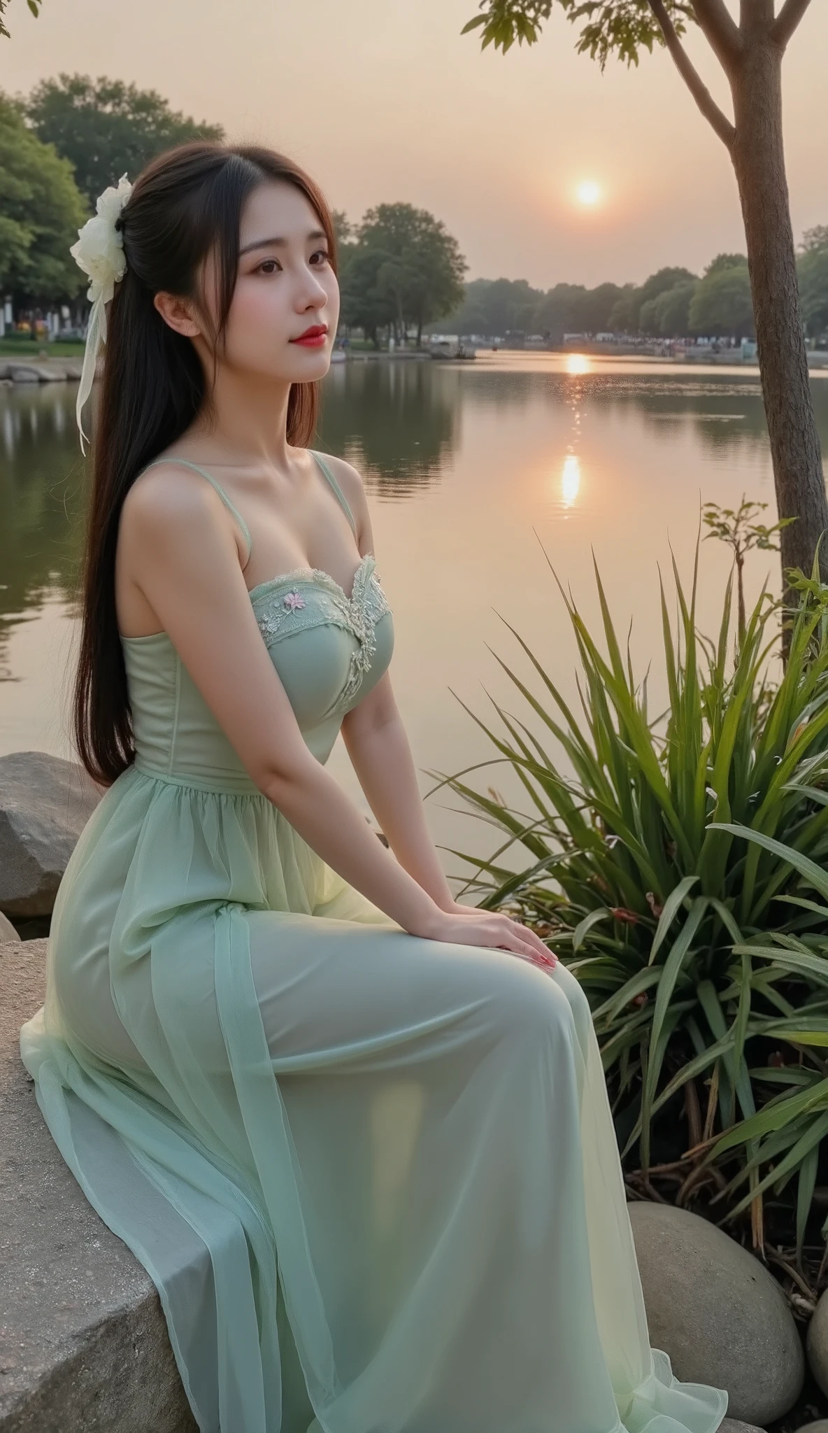 A peaceful lakeside landscape during golden hour, soft sunlight reflecting on calm water, large rocks near the shore, a beautiful Asian girl sitting gracefully on a rock, long straight black hair, wearing a flowing emerald green dress, looking at the lake with a gentle smile, calm and dreamy atmosphere, cinematic lighting, ultra detailed, photorealistic, 8k.