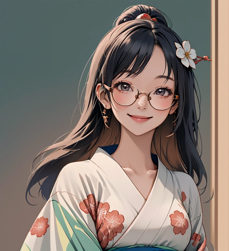 high image quality、best quality、masterpiece、 detailed kimono、1girl、 Smile、glasses、hair ornament、Japanese kimono、beautiful、bust up、Japanese garden background、 bright、Beautiful Girl、cute、 adorable by design、healthy skin