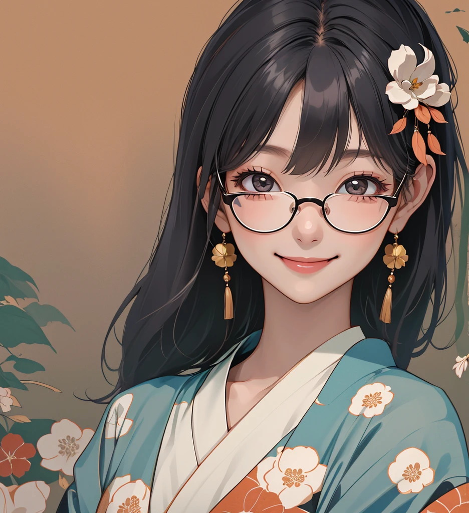 high image quality、best quality、masterpiece、 detailed kimono、1girl、 Smile、glasses、hair ornament、Japanese kimono、beautiful、bust up、Japanese garden background、 bright、Beautiful Girl、cute、 adorable by design、healthy skin