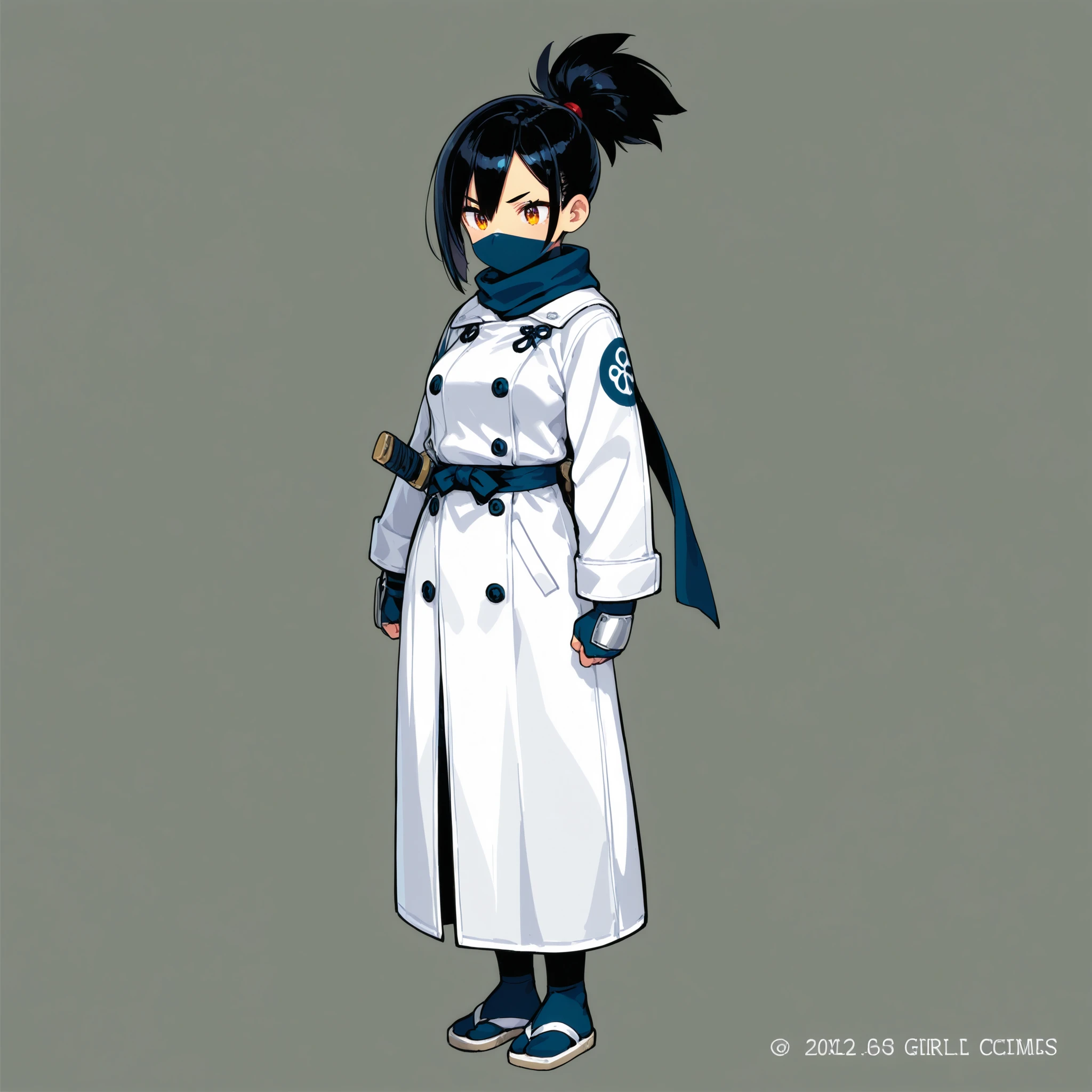 ninja girl in a white long coat, standing, full body portlait, black hair, simple gray background