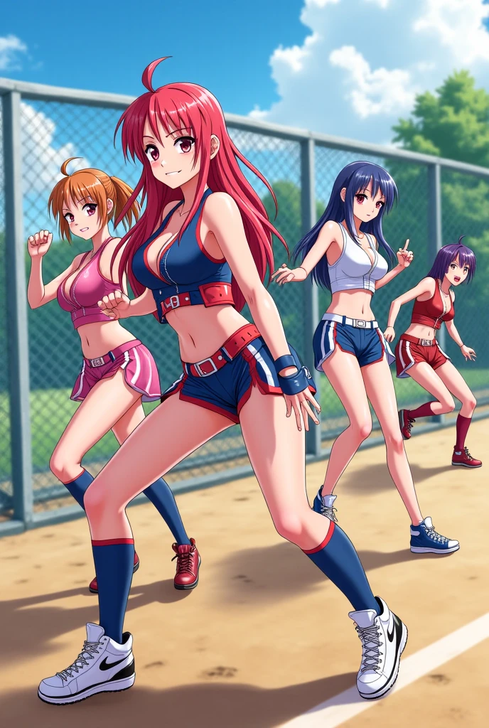 (three girls, side by side:1.2), (huge breasts:1.4), (small waist, visible abs, fitness:1.2),
smiling, happy, mecha, topless, very long hair,
(closeup, school, sports, tennis court, dawn, orange sky, sunrise:1.4),
award winning, good quality, best quality, highres, absurdres, 8k, 4k, masterpiece