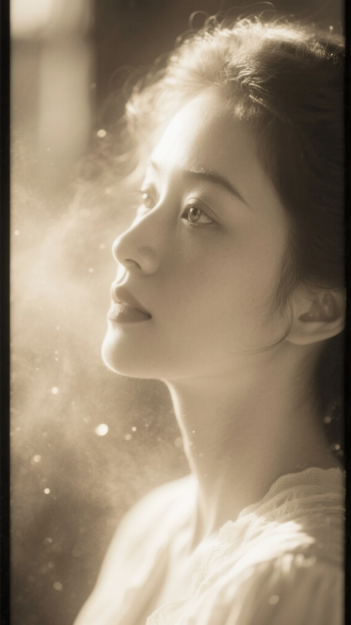 Vintage-style portrait of a woman bathed in soft, golden sunlight ...