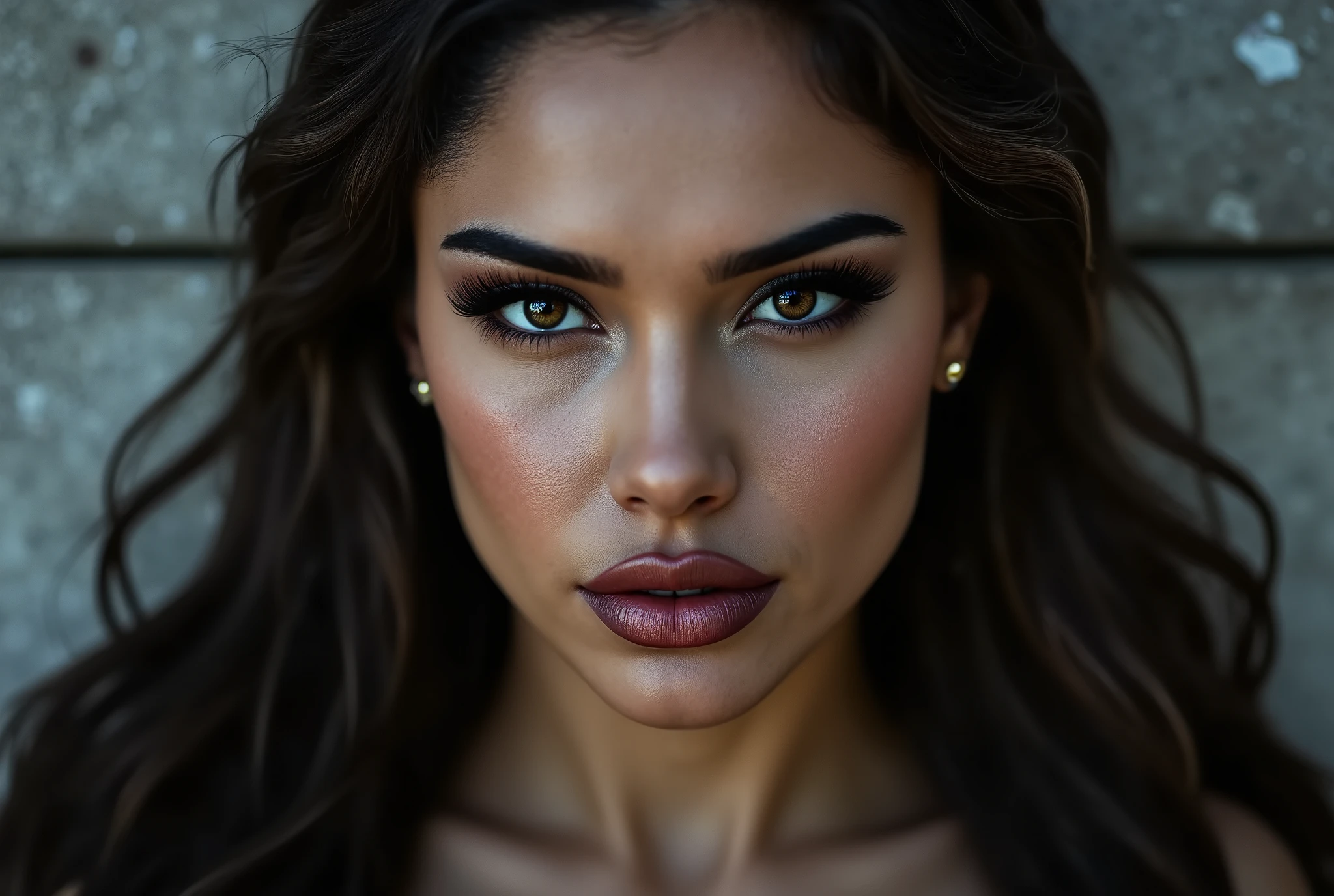 close up image of woman looking directly and intensely into the camera, her head slightly tilted down, intimidating, mischievous little smirk, piercing eyes, concrete background