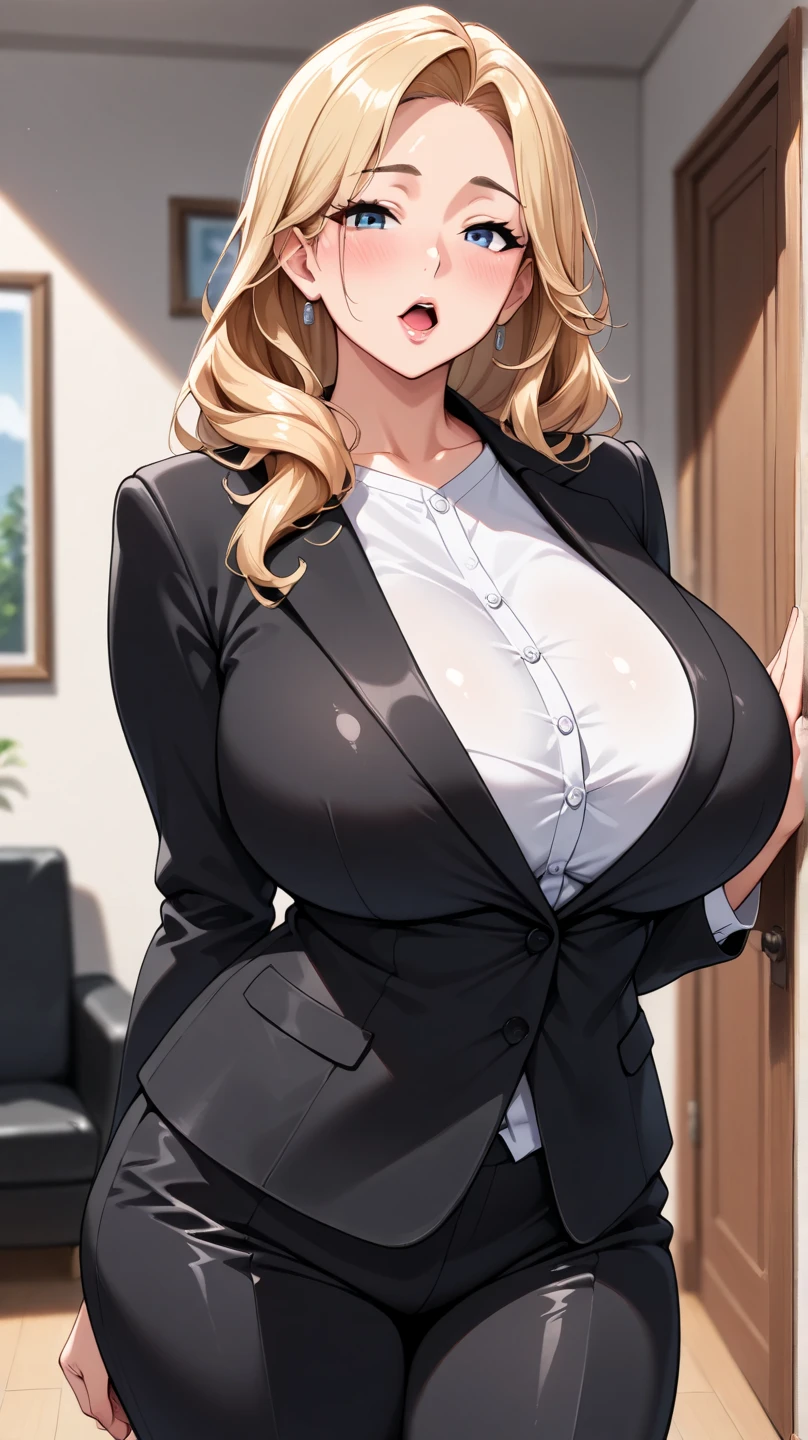 cover of a business magazine,dressed as sexy office worker, long white pencil skirt, white blazer with sexy lace shirt underneath, diamond wedding ring, diamond herringbone necklace, diamond bracelets,diamond watch, diamond shoes,happy, smiling,dark blonde bob hairstyle, wispy bangs, medium cleavage showing, thick lips, thick eyebrows, upturned nose,thick eyelashes, perfect legs, perfect anatomy, perfect hands, slight dimples, sparkling light brown eyes, window in background, giving a speech