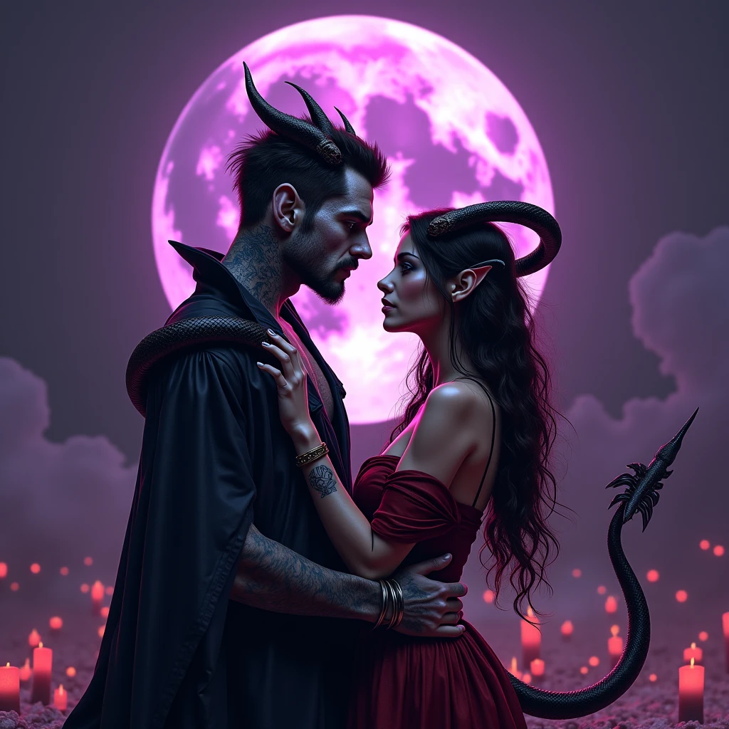 A magical, romantic, imaginative place. A woman looks like the devil, beautiful and feminine. A man sits near her, drinking wine. She looks at him with admiration as he talks to her under the moonlight.Grapes and strawberries A tattoo on her back
