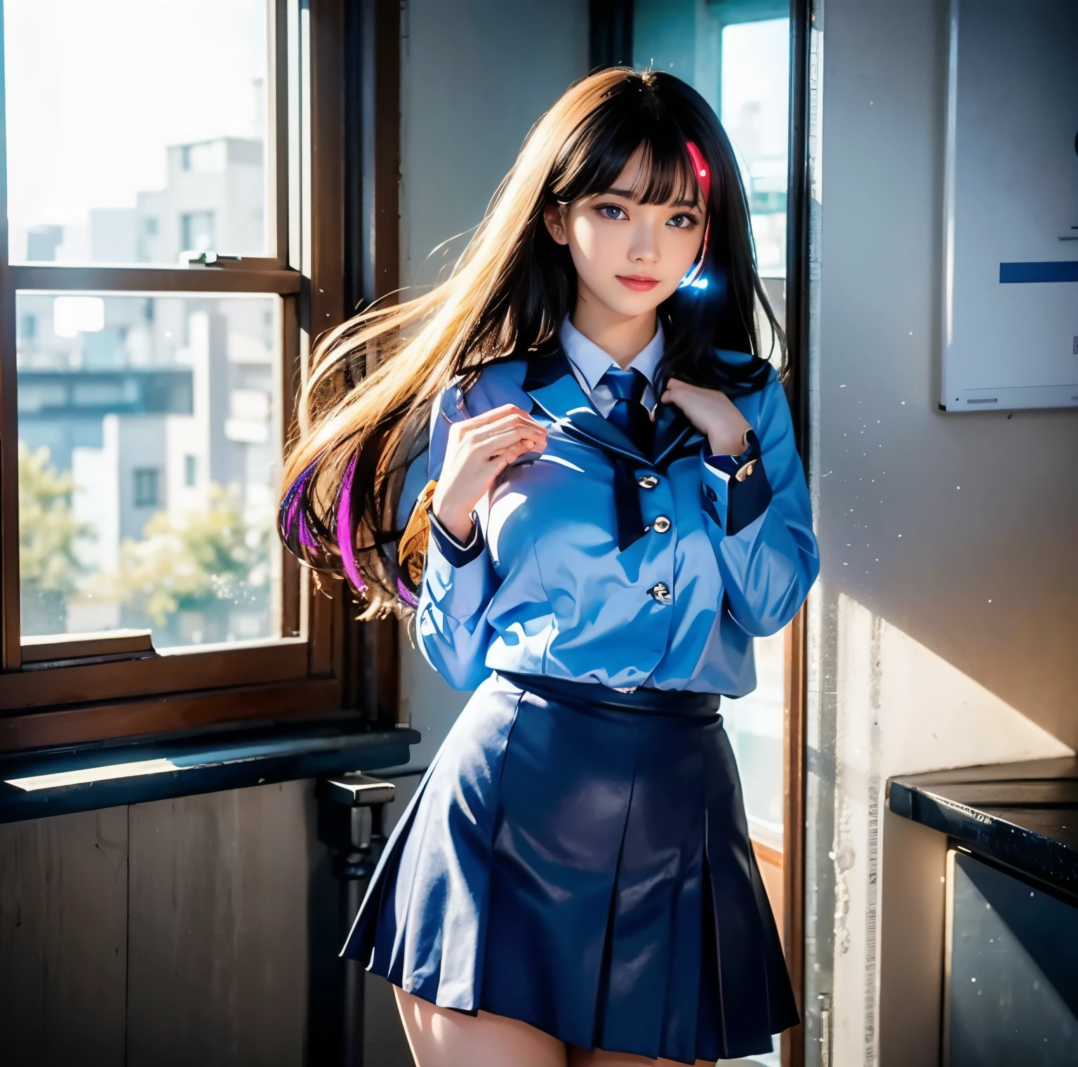 8K quality, pictures, A beautiful woman like a goddess, from the chest, (high school girl uniform), There is no exposure, beautiful hair dancing in the wind, Bright, big blue eyes that sparkle beautifully, Whitening skin, Extra Large. and look at the camera, Backlit windowsills, (Big in a high position), Extra Large,