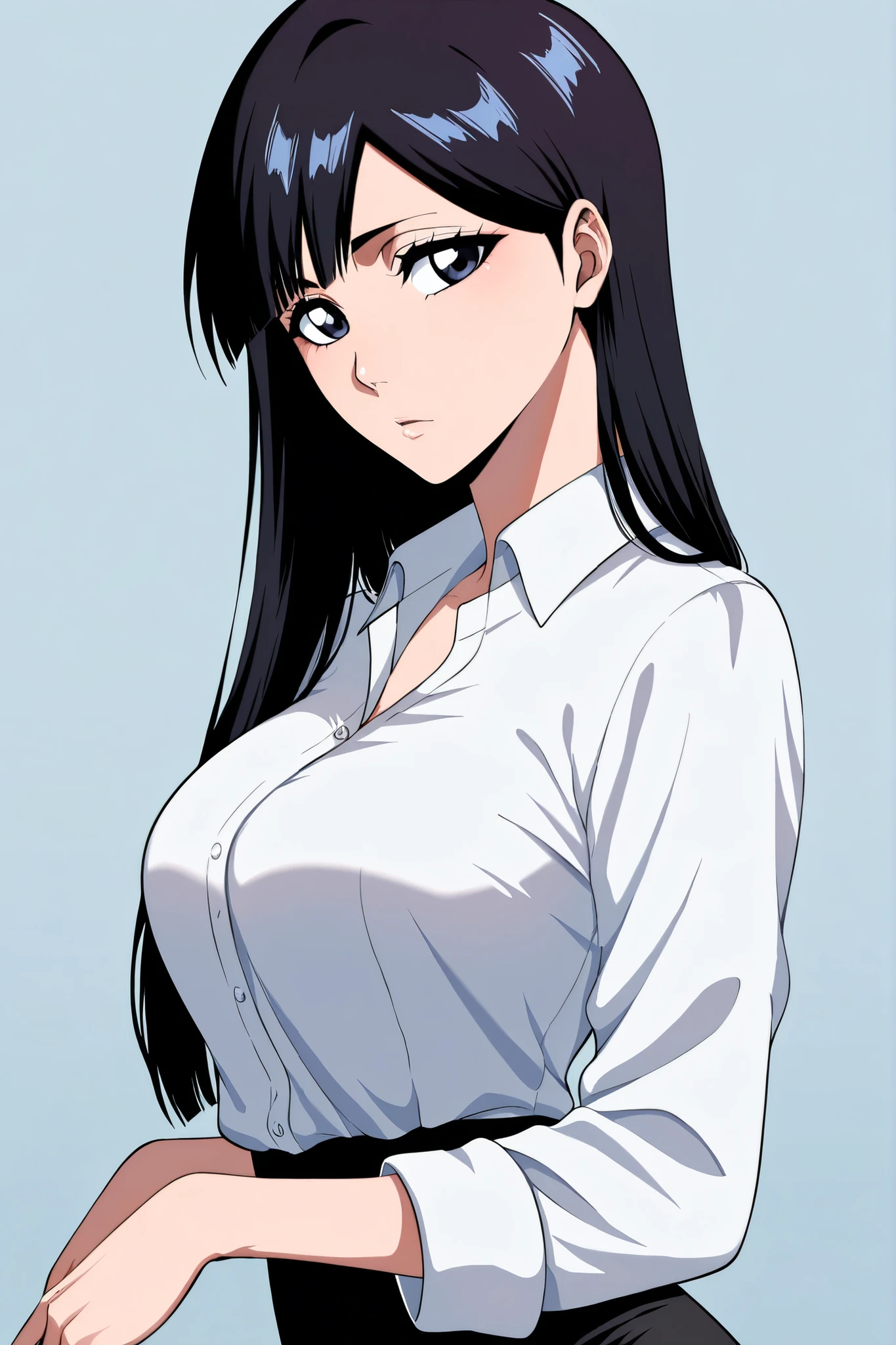 masterpiece, Highest quality, (Detailed Background), 1 girl, Whole Body Ezbian, (White Background: 1.5), Beautiful line drawing, Black-haired, Open shirt, Very long hair in bed, Highest quality, blush, Looking at the audience, A great temptation, Slim body bump, 8k, Sexy open chest, big