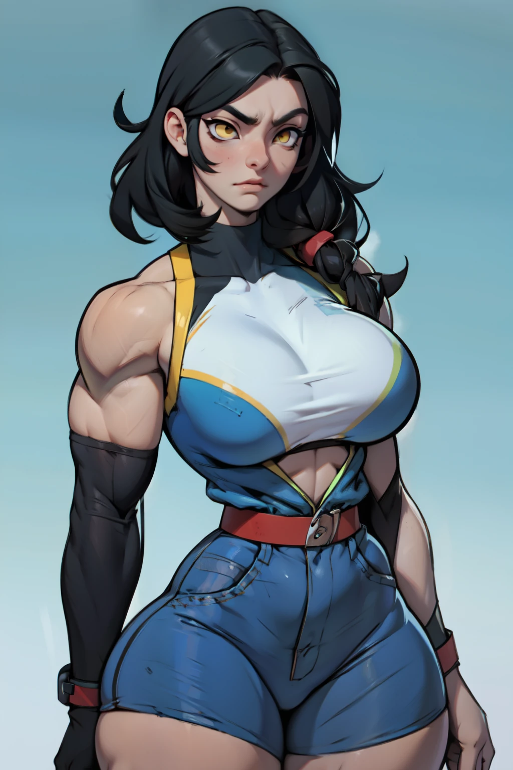 1girl muscular thick thighs perky breasts black hair yellow eyes solo sweaty concrete wall very long hair curvy wide hips pale skin abs tight shirt tight pants