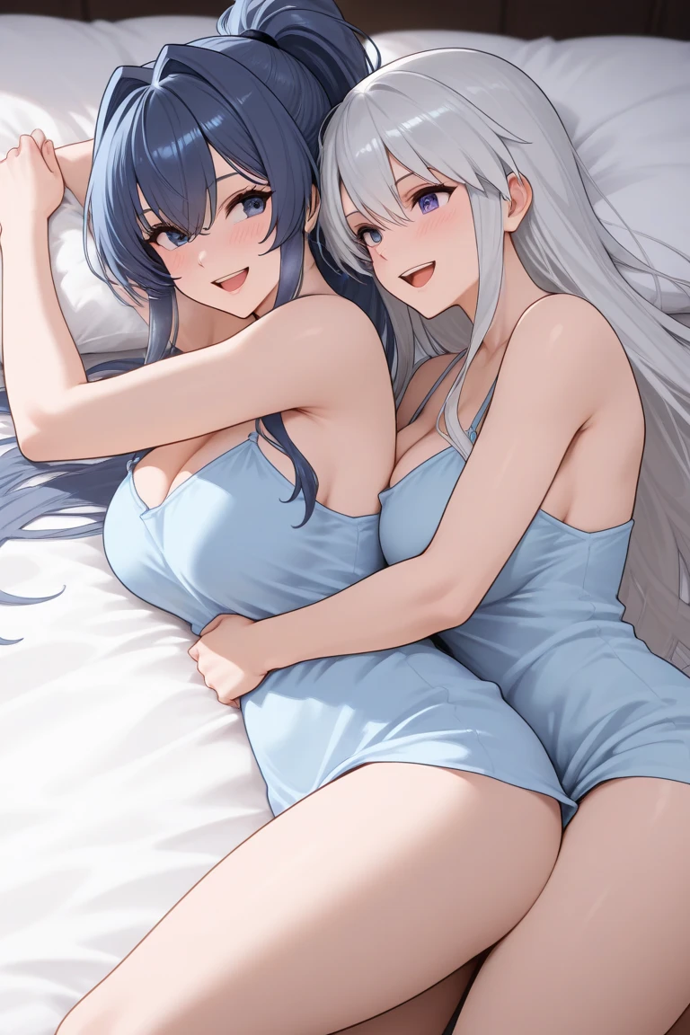 Best Quality, Masterpiece, 1 girl, Alone, Transport, wide, TransportBase, Thighs, bare shoulders, jewelry, sleeveless, White dress, blue skirt, gloves, bed room, bed, wooden floor, session, session on bed, hands on legs, subtle smile, soft lighting, whole body, Wide hips, medium breasts