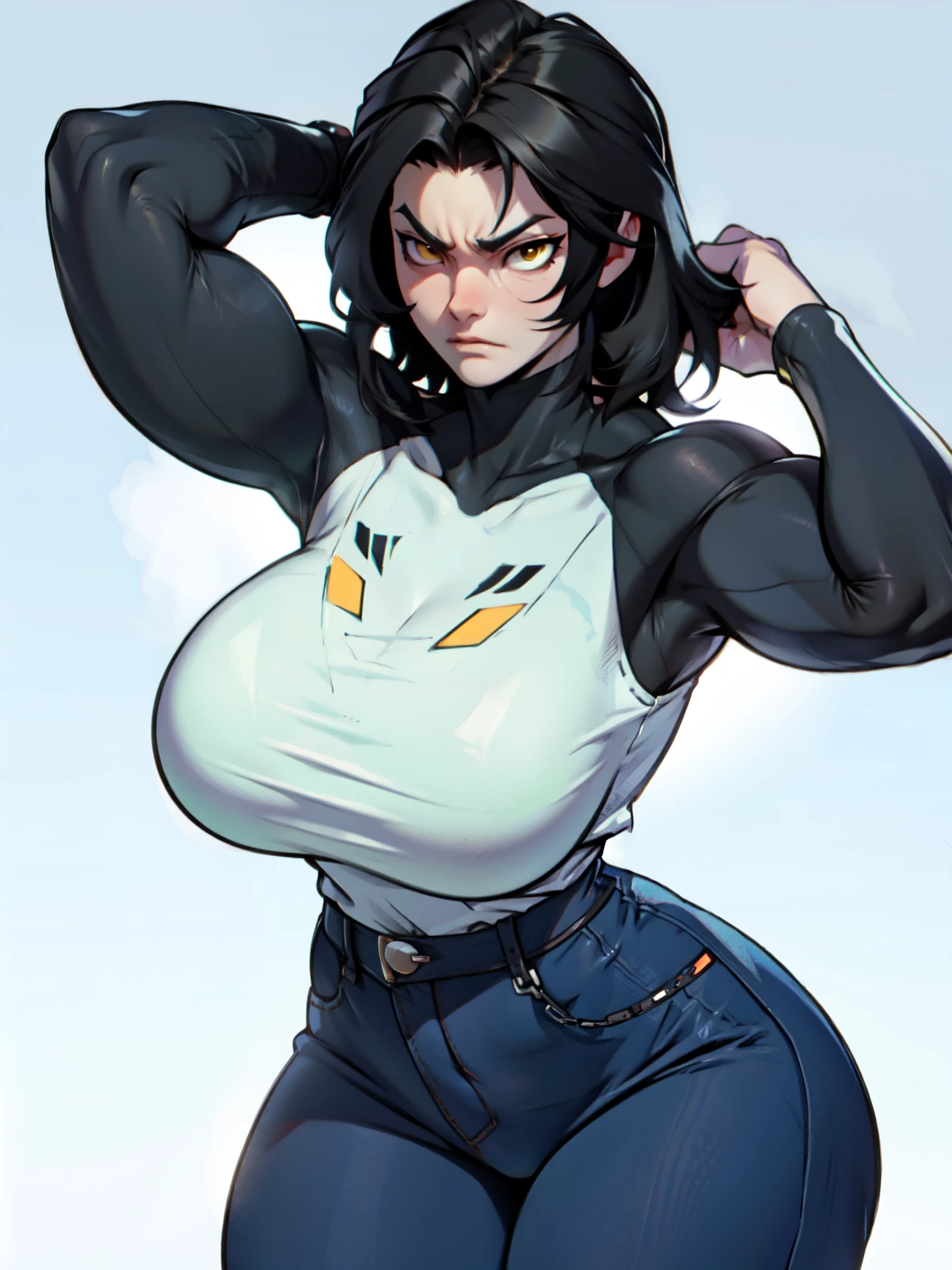 ((((girl muscular thick)))) pale skin black hair yellow eyes huge large breasts toned body embarrassed blush very long hair skintight suit