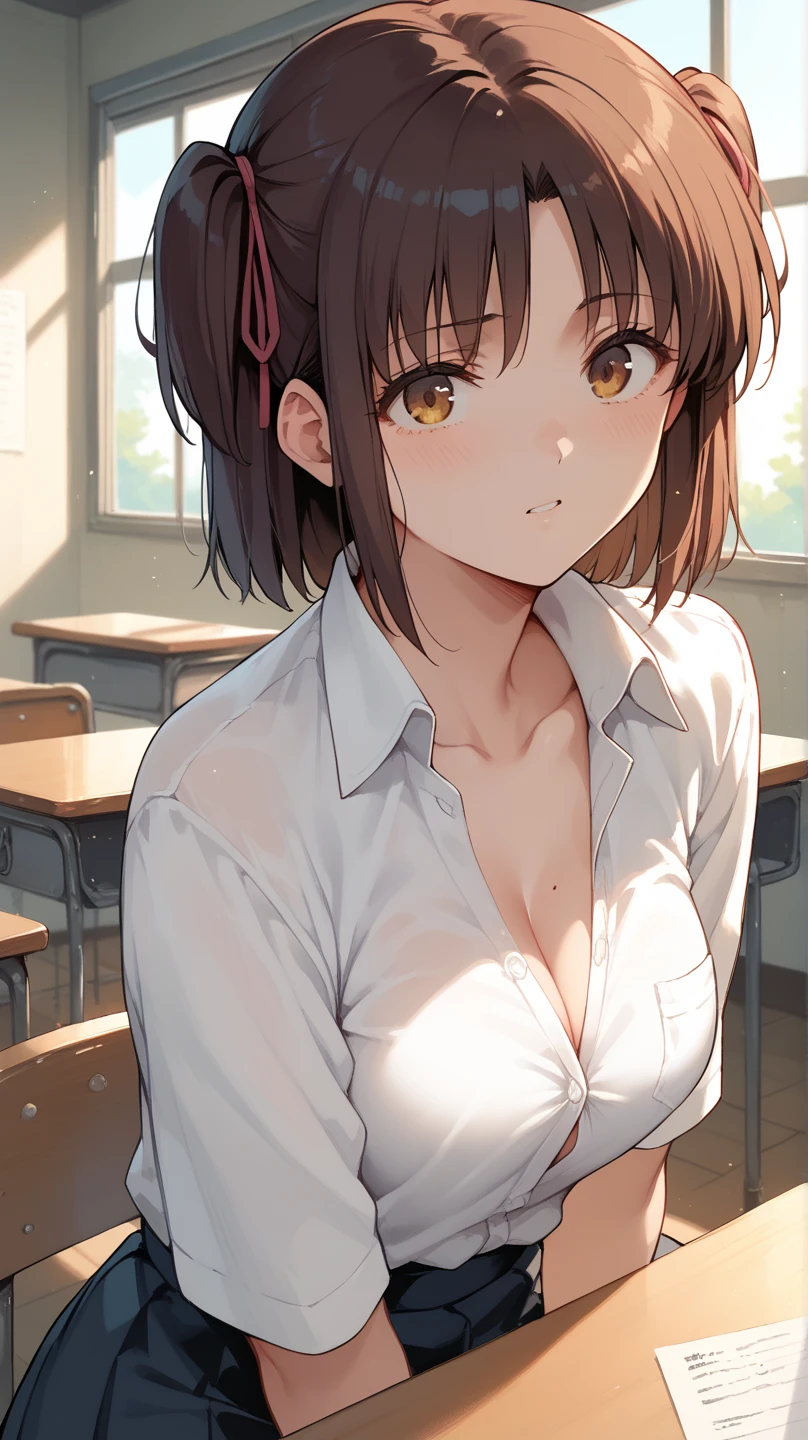 {{Lift the shirt}},toppless, tiny chest, Hospital, clinic, Directly from the Front, sit a chair, Anime mouth, Anime nose, lovelive!, {{{NSFW}}}, toppless, tiny chest, Natural nipples, Upper body, (masutepiece, Best Quality:1.2),Illustration,8K,hard disk,1girl in,Solo,Upper body,(Portrait:1.2),brown_hair,Folded_Ponytail,brown_Eyes,long_hair,Skirt,pleats_Skirt