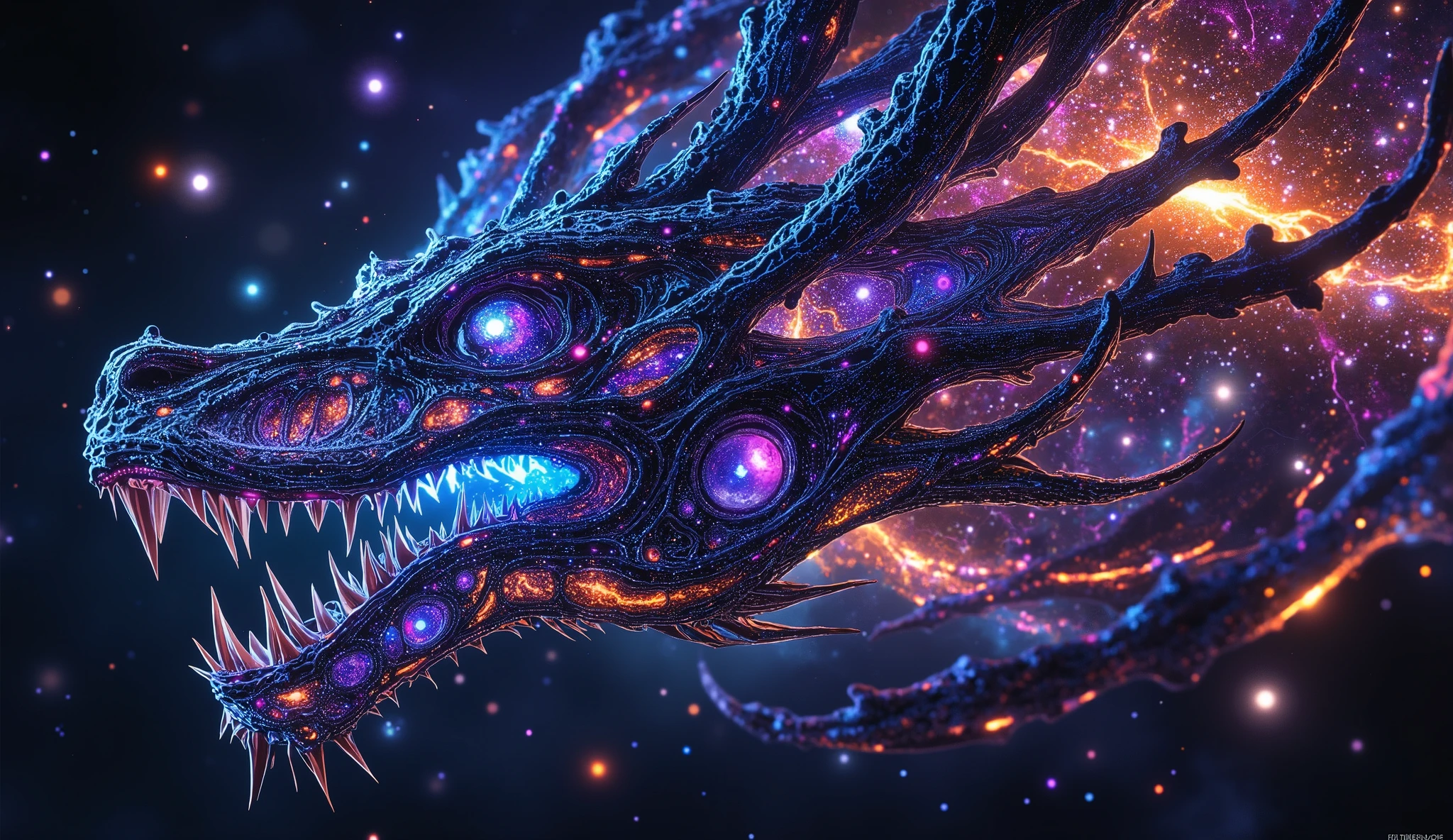 an illustration of a cosmic dragon swirling through a nebula, inspired by Moebius, its body resembling a black hole with glowing galactic scales, cool color temperature, fierce expression, illuminated by starlight, vast and mysterious atmosphere --v 5 --stylize 1000