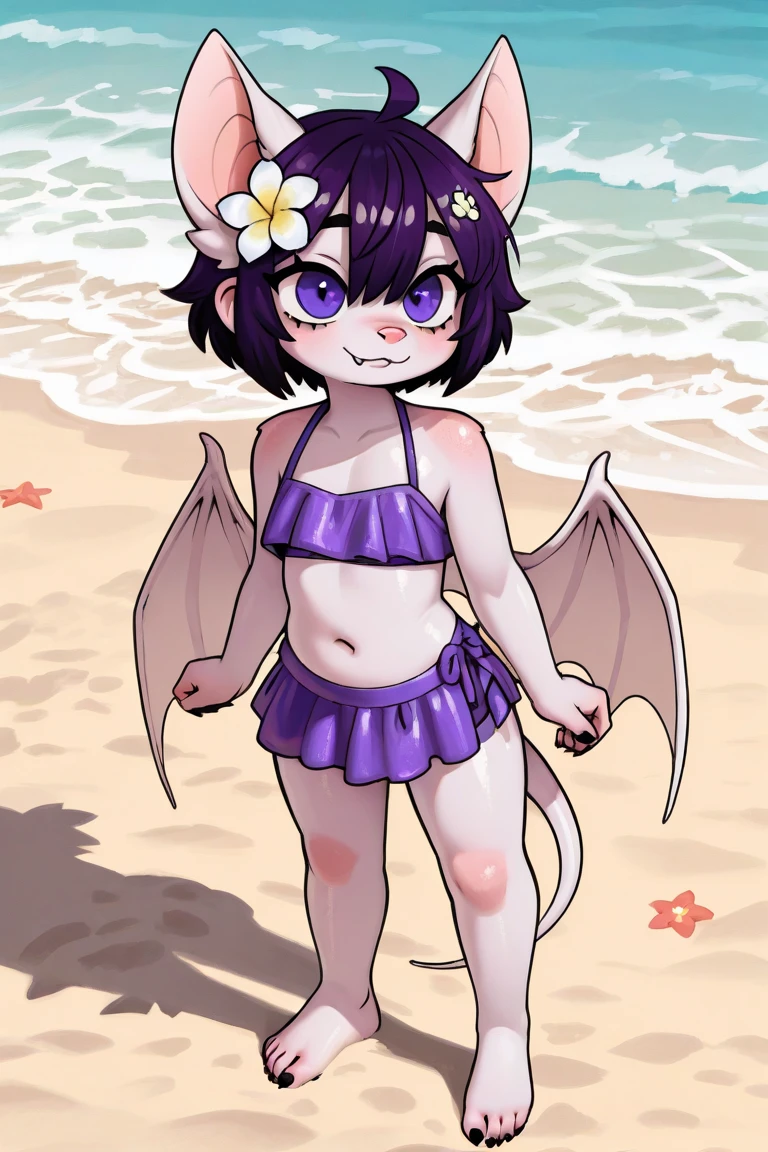 score_9,score_8_up,score_7_up, source_cartoon, source_furry, Furry girl, bat, magenta hair, spiky messy hairstyle, spiky messy long ponytail, spiky side hair, ((hair over one eye)), red eyes, two tone body fur, pink body fur, clear pink body fur, small breasts, bat wing on back, bat ears, bat tail, long fangs out, red glasses, ((dark red ruffled frilly bikini top, dark red ruffled frilly swim bottom)), beach, clear sky, detailed face, detailed body fur, detailed body, detailed eyes, glistering body, shiny body, :3, sassy face, standing, perfect lighting, perfect shadows, perfect eyes, perfect hair, perfect face, gorgeous body, cheek tuft, navel, full body, feets with three toes, 3 toes, standing one leg up,