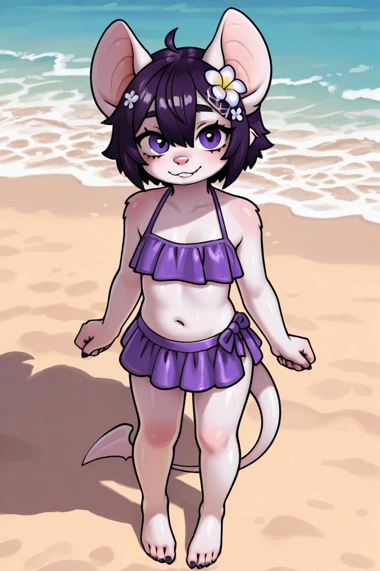 Shikabane, narrowed eyes, body fur, white hair, punk hairstyle, purple body fur, small breasts, ((black frilly tank top, midriff, black skirt)), detailed body fur, detailed face, detailed eyes, glistering body, shiny body, gorgeous body, masterpiece, full body, feets with three toes, 3 toes, sit on beach chair, beach, clear sky, full body, :3, skinny,