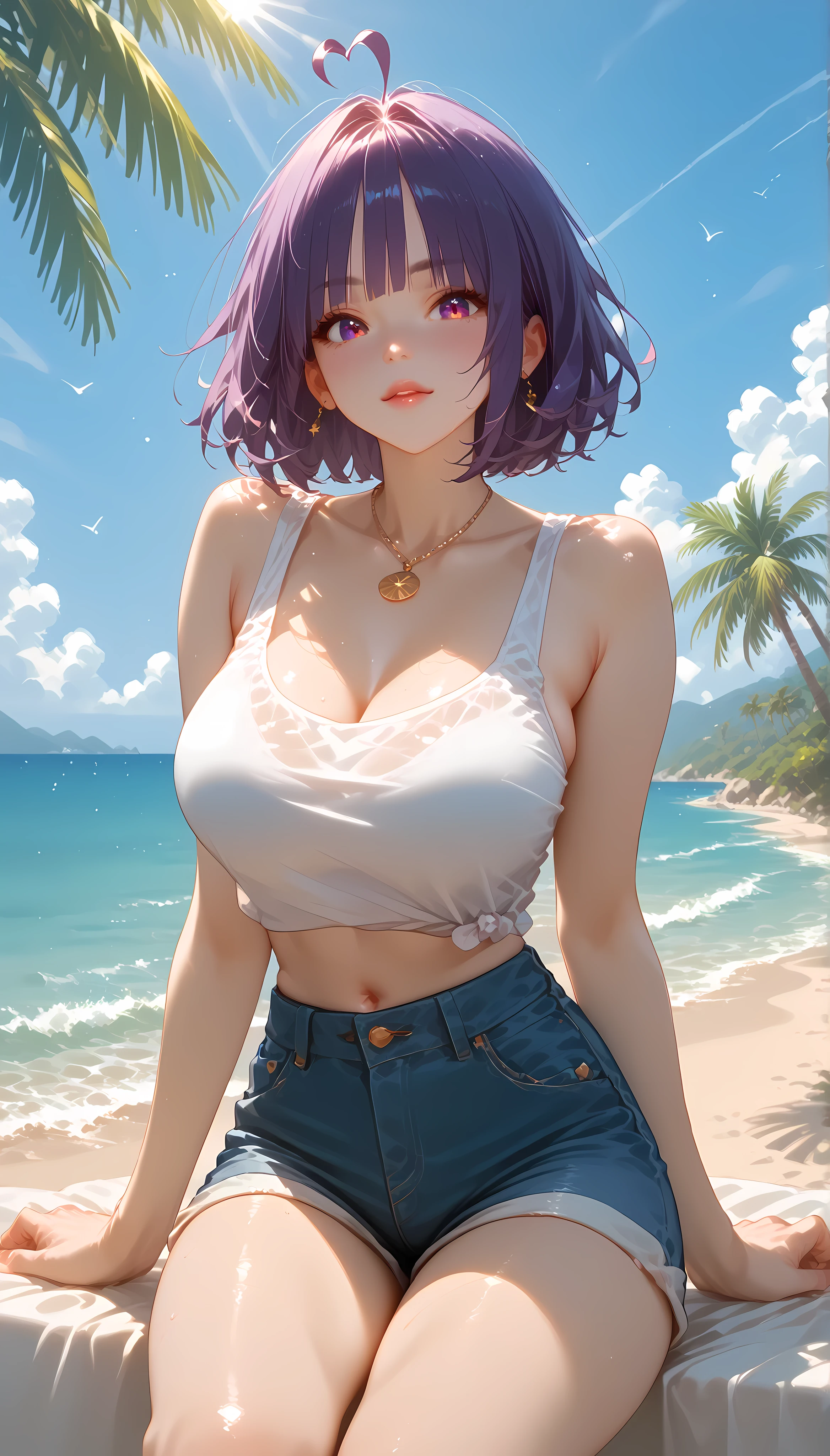 "A girl with a nice body and nice breasts sits in an open-air café by the beach, her purple hair glowing under the golden sunlight. Her perfect eyes gaze out at the ocean as she sips a tropical smoothie, dressed in a light tank top and denim shorts. The cinematic view captures the sparkling waves, swaying palm trees, and her serene demeanor, creating a perfect coastal escape."