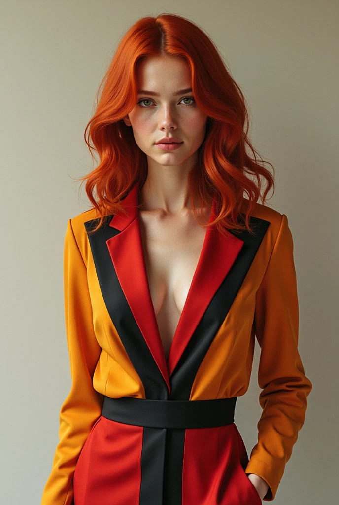 red-haired woman,with yellow outfit with black stars and glamorous black,year 70 for glam rock aesthetics,with glitter and sequins on the clothes,background of a luxurious golden living room decorated in glam rock aesthetics with touches of country and vinyl.