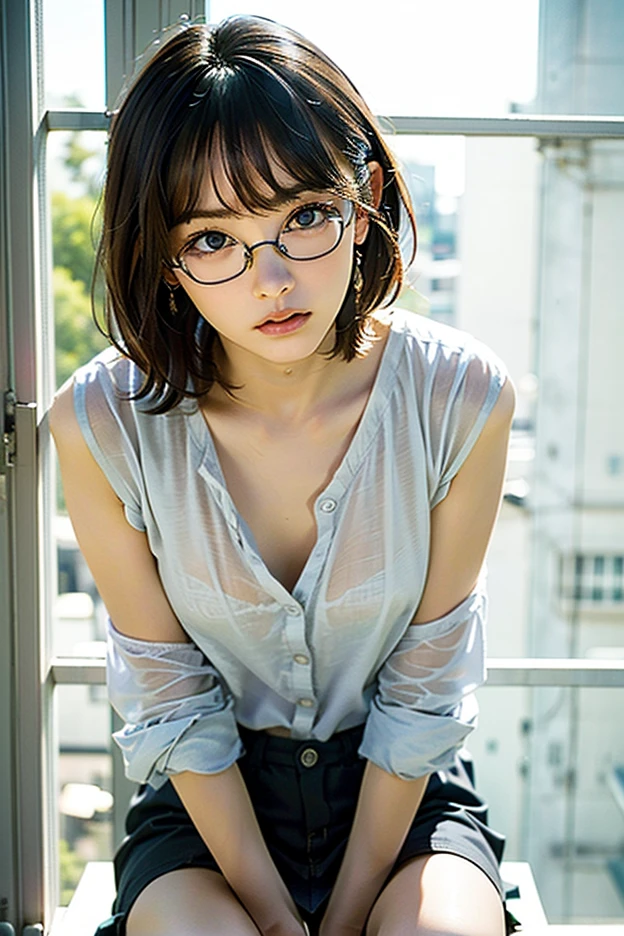 masterpiece、masturbation behavior、bob hair、Perm hair、colorful hair、colorful eyes、The only clothes I wear are sleeveless long sweaters.(Exposed shoulders)、sparkling eyes、Wear glasses、Secretly during class、